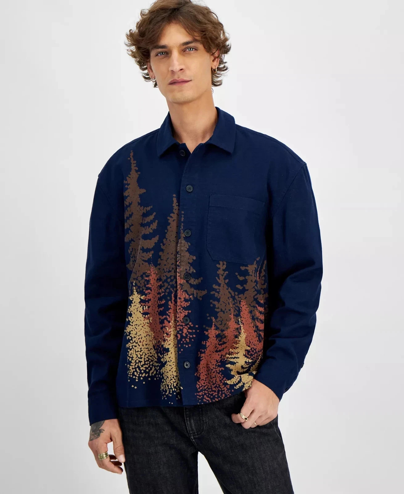 Sun + Stone Men’s Chest Pocket Collared Overshirt, Basic Navy, Size L