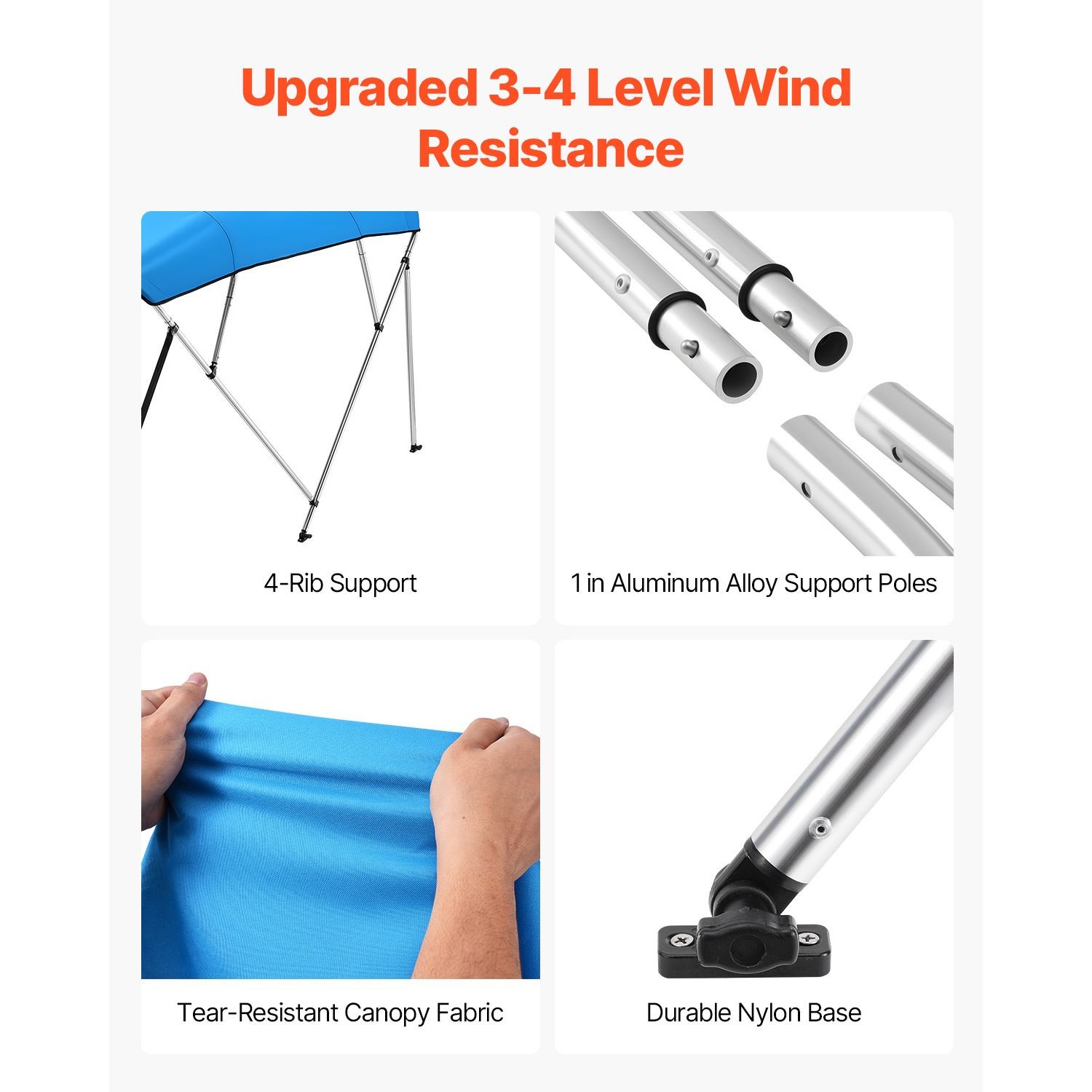 4 Bow Boat Bimini Top, 600D Polyester, Aluminum Frame, Waterproof Sun Shade