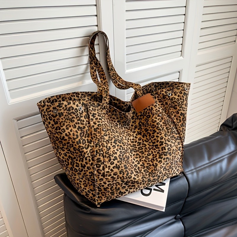 Leopard Print Tote Bag – Large Capacity Nylon Shoulder Bag Open Top Design