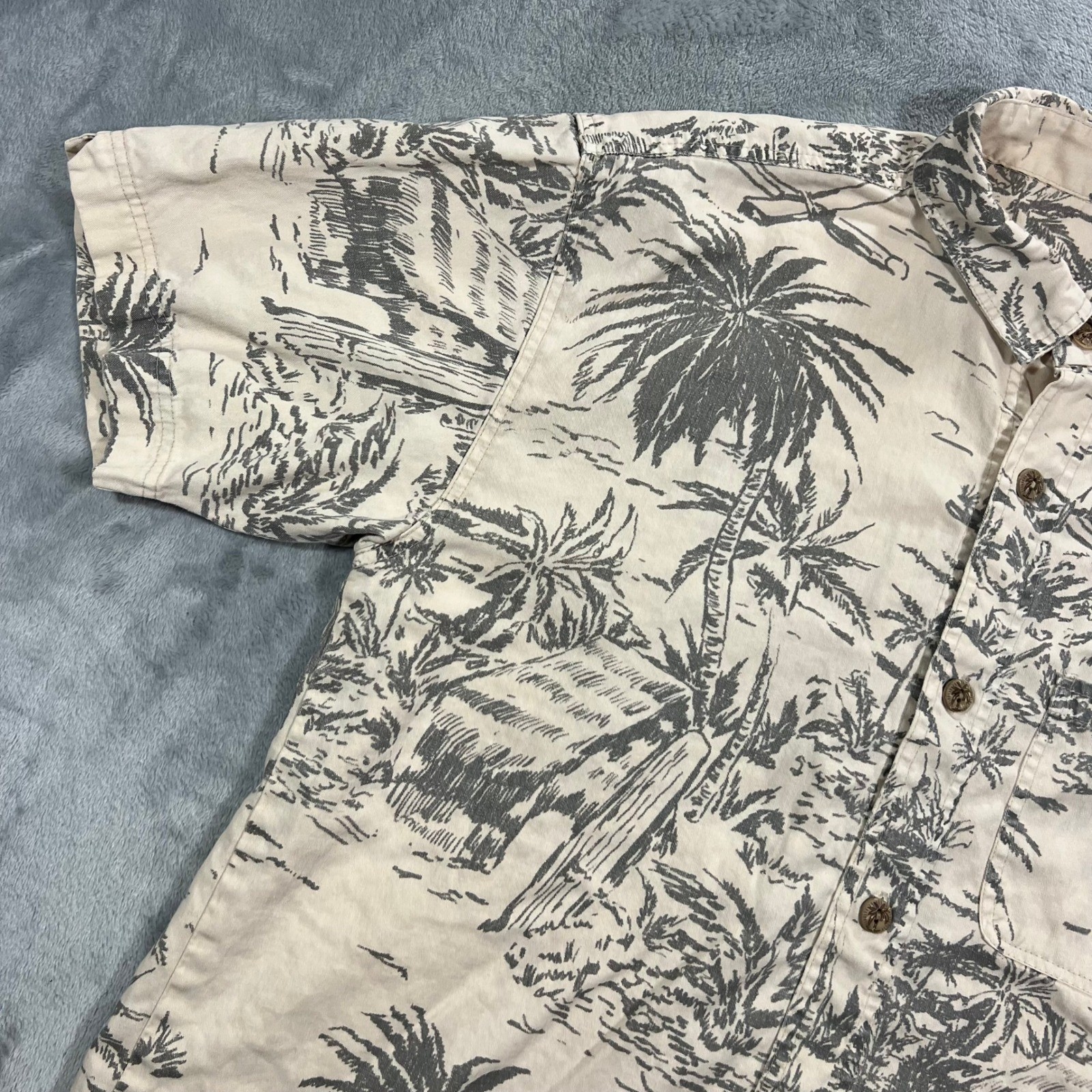 UNBRANDED Hemp Blend Tropical Island Print Shirt Mens Large Beige Gray