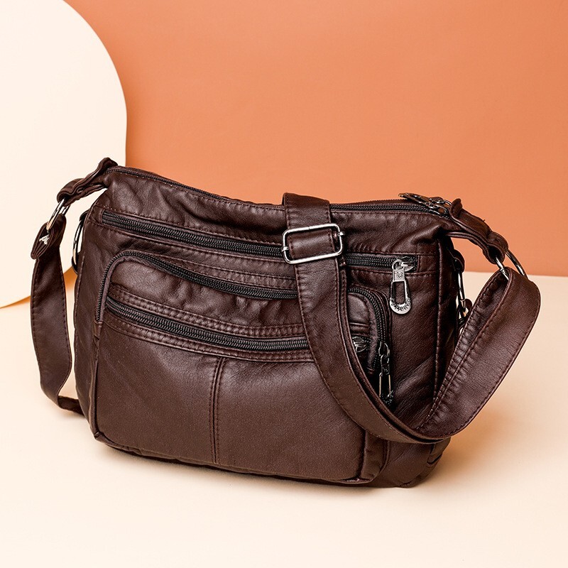 Women’s Leather Organizer Purse Shoulder Bag Multiple Pockets Cross Body Handbag