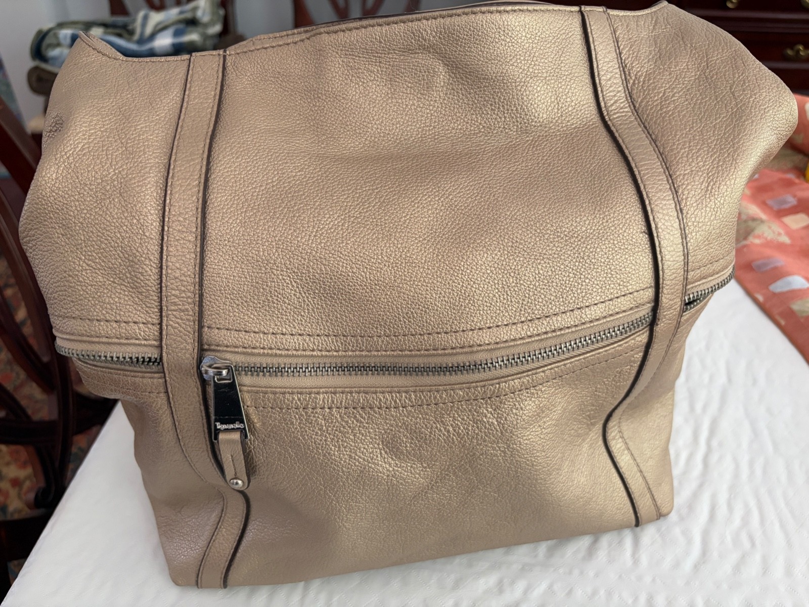 Tignanello Gold Pebbled Shoulder Bag Geometric Silver Hardware Inner Pockets