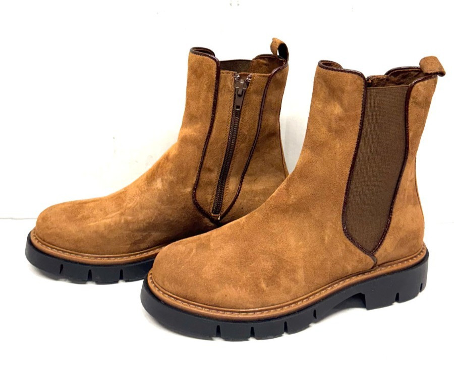 MIZ MOOZ NUBUCK LEATHER BOOTS SIDE ZIP ELASTIC GORE CAMEL 37EU / 7US # Z-170