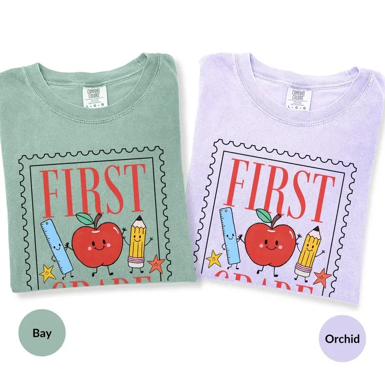 Vintage First Grade Shirt Cute Apple Pencil Postage Stamp Back To School Tee