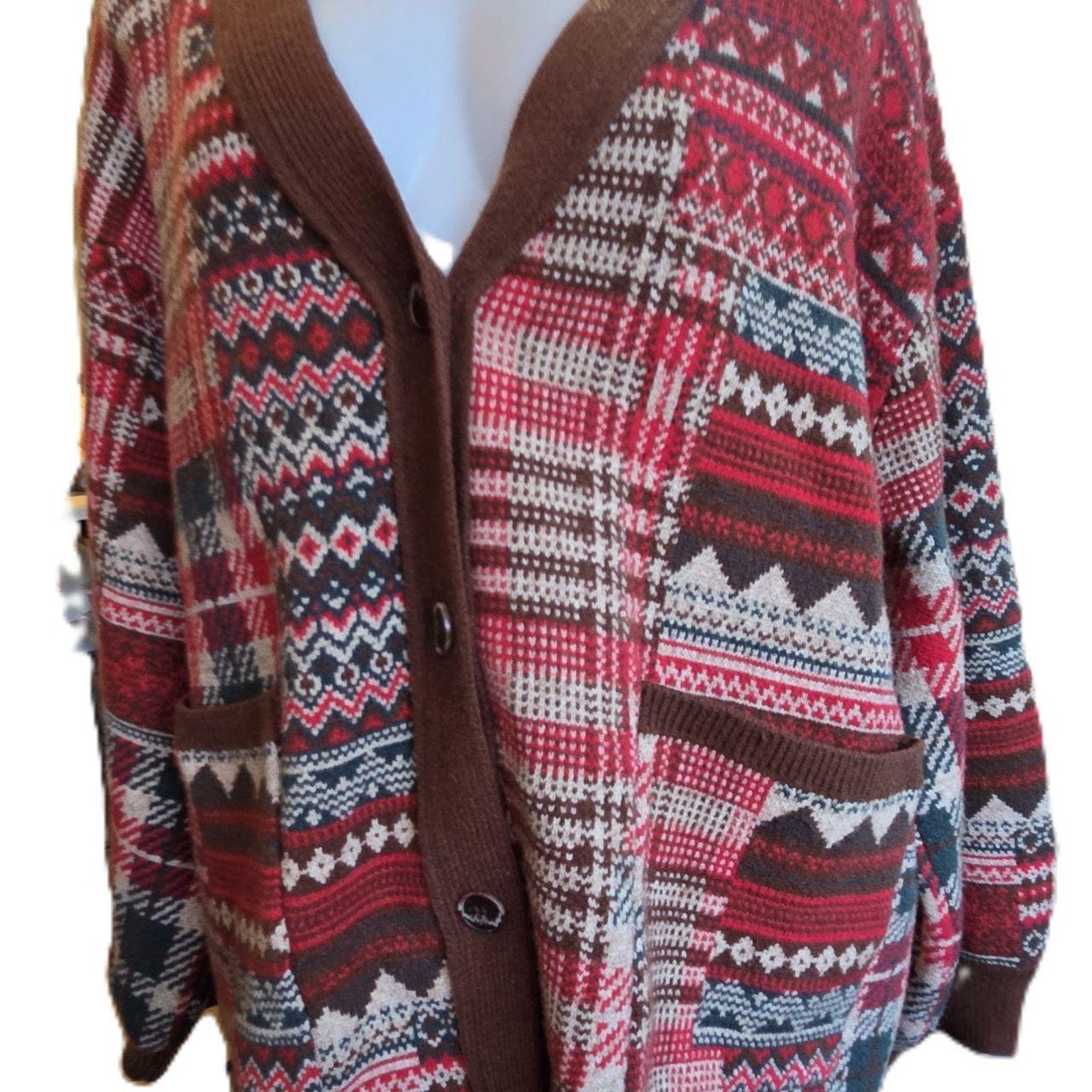 Acrylic Blend Patterned Cardigan Sweater, Fair Isle Style W Size XXL