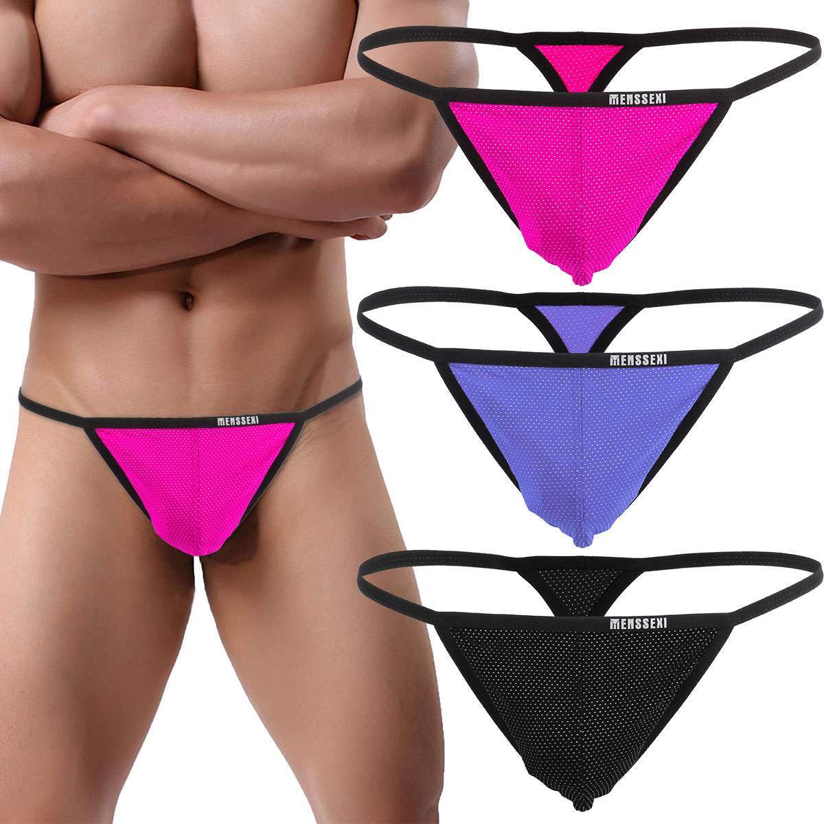 1-3Pcs Sexy Mens T-Back G-string Thong Bikini Underwear Mesh Sheer Pouch Thongs