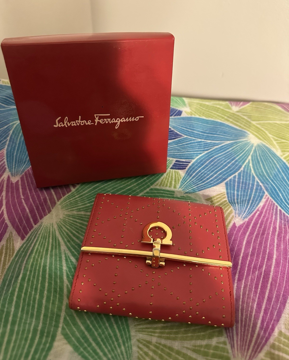 Salvatore Ferragamo Women’s Bifold Wallet, Red Solid, Studded Logo, Gold Tone
