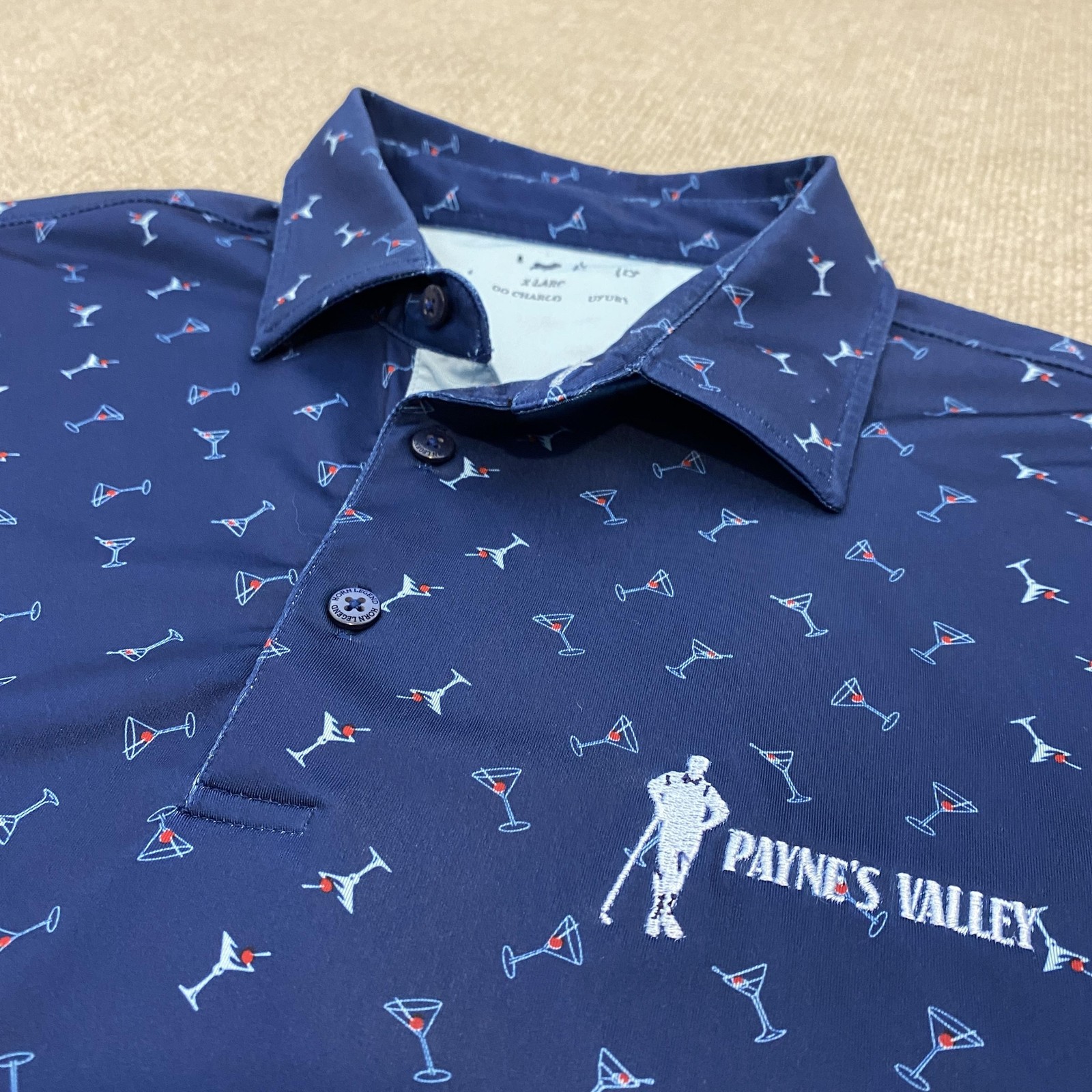Horn Legend Polo Shirt Mens XL Blue Payne’s Valley Golf Cocktail Martini Print