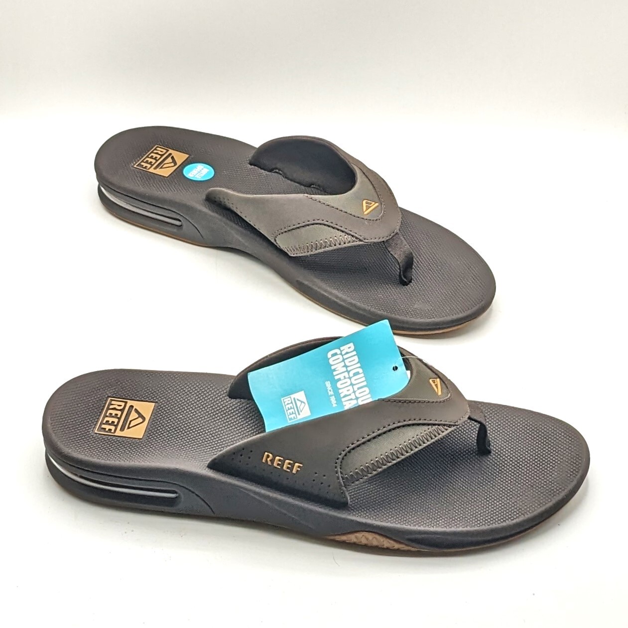 REEF “Fanning” Men’s Flip-Flop Sandal & Sole Bottle Opener (Brown/Gum) Size NEW