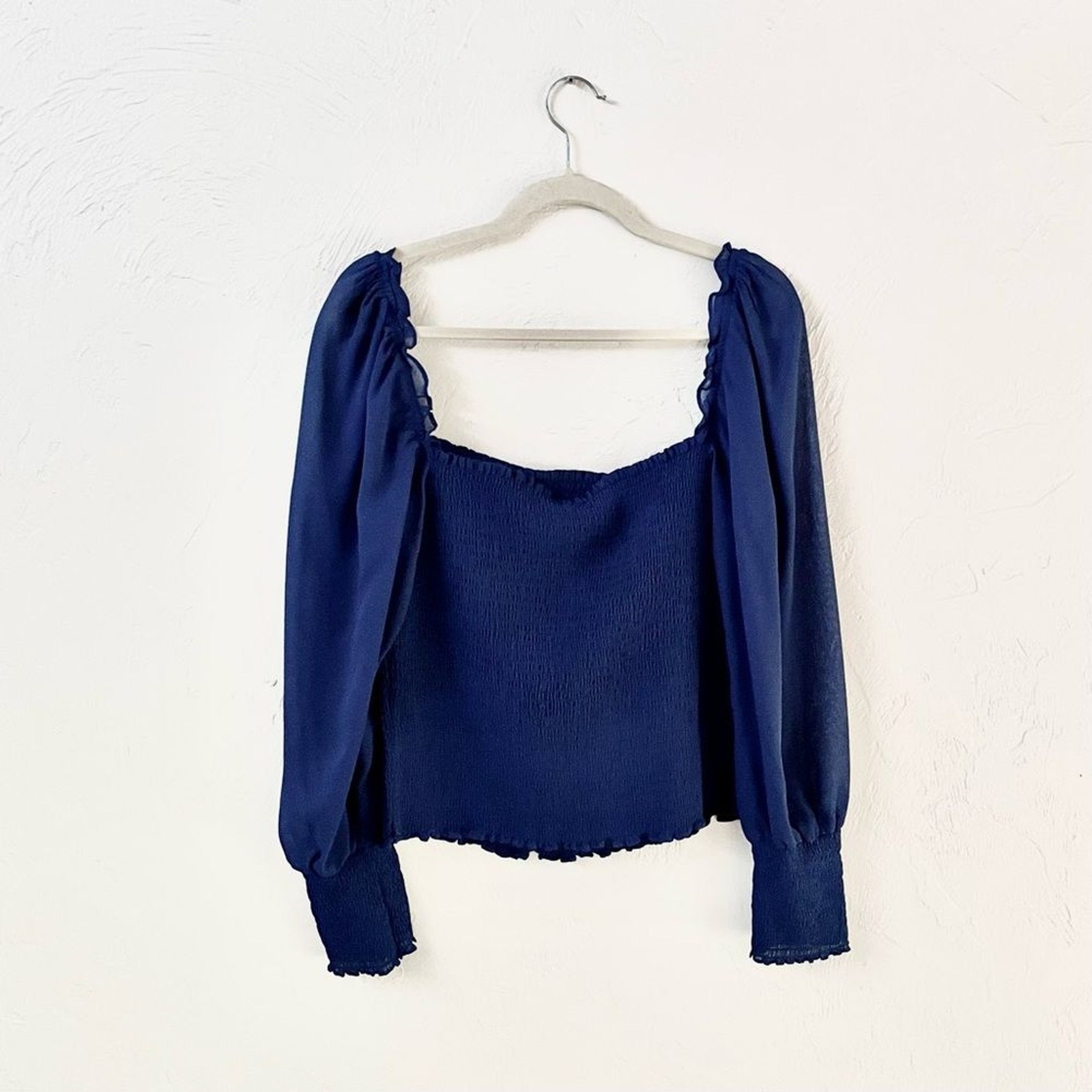 Reformation NWT $148 1X Pinto Smocked Long Puff Sleeves Top Es in Caspian Blue