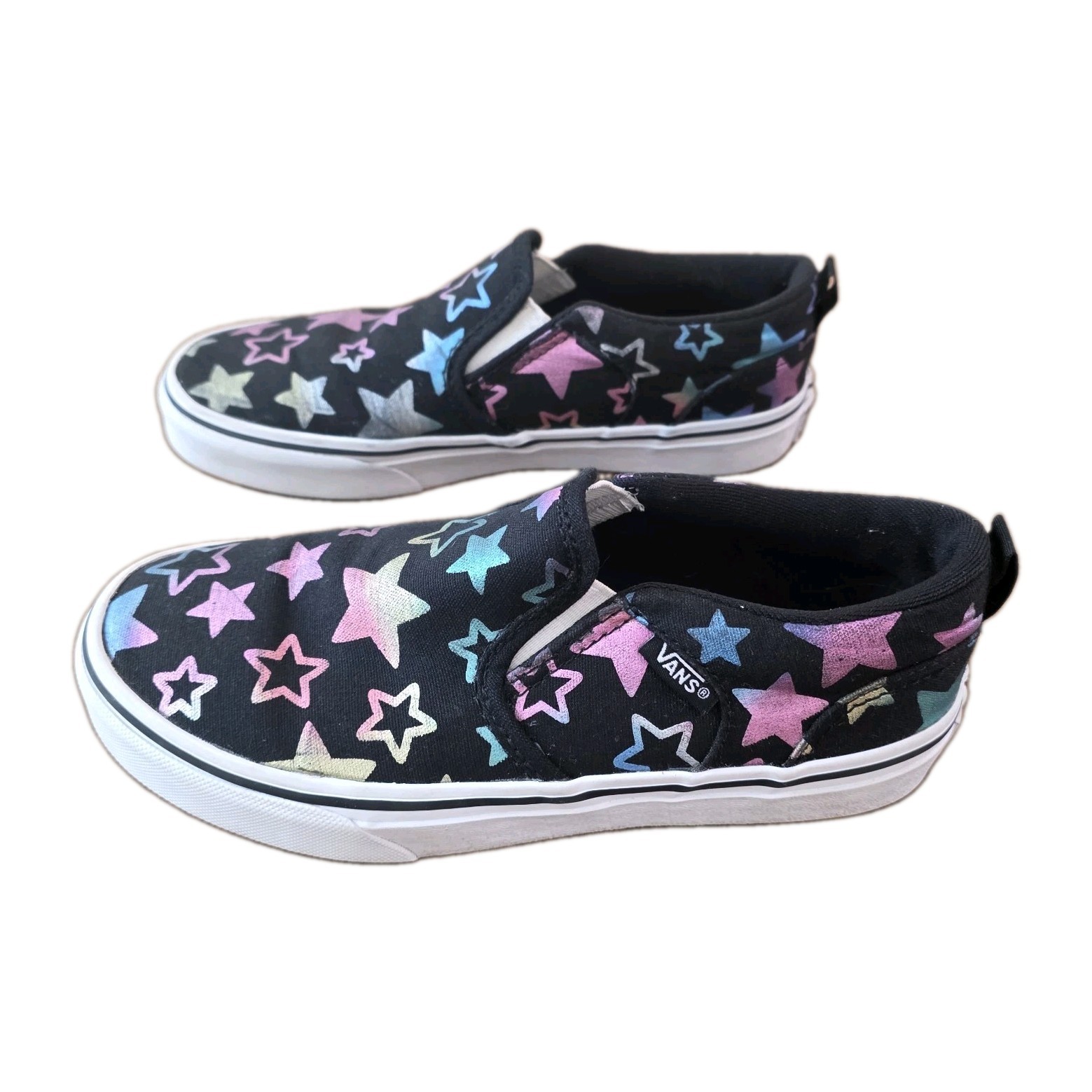 Vans Asher Metallic Foil Stars Black Canvas Slip On Skate Shoes Unisex Kids 2.5