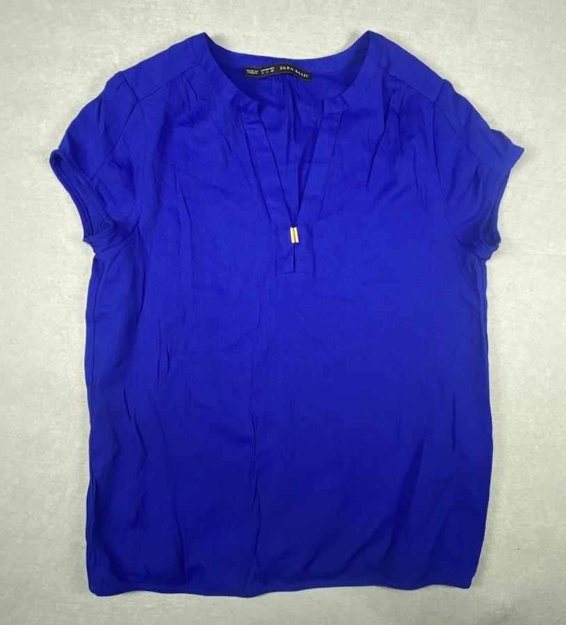 Zara Womens Flowy Slit Blouse Shirt Top Royal Blue Short Sleeve Size Small