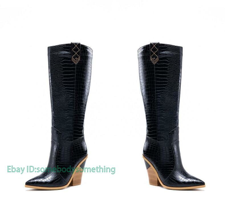 Women Pointy Toe Block Heel Cowboy Knee High Boots Pull On Outdoor Casual Shoes