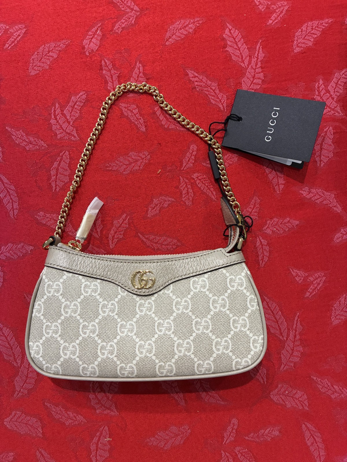 New Gucci Ophidia Mini Shoulder Bag Beige & White GG Canvas Gold Hardware Auth