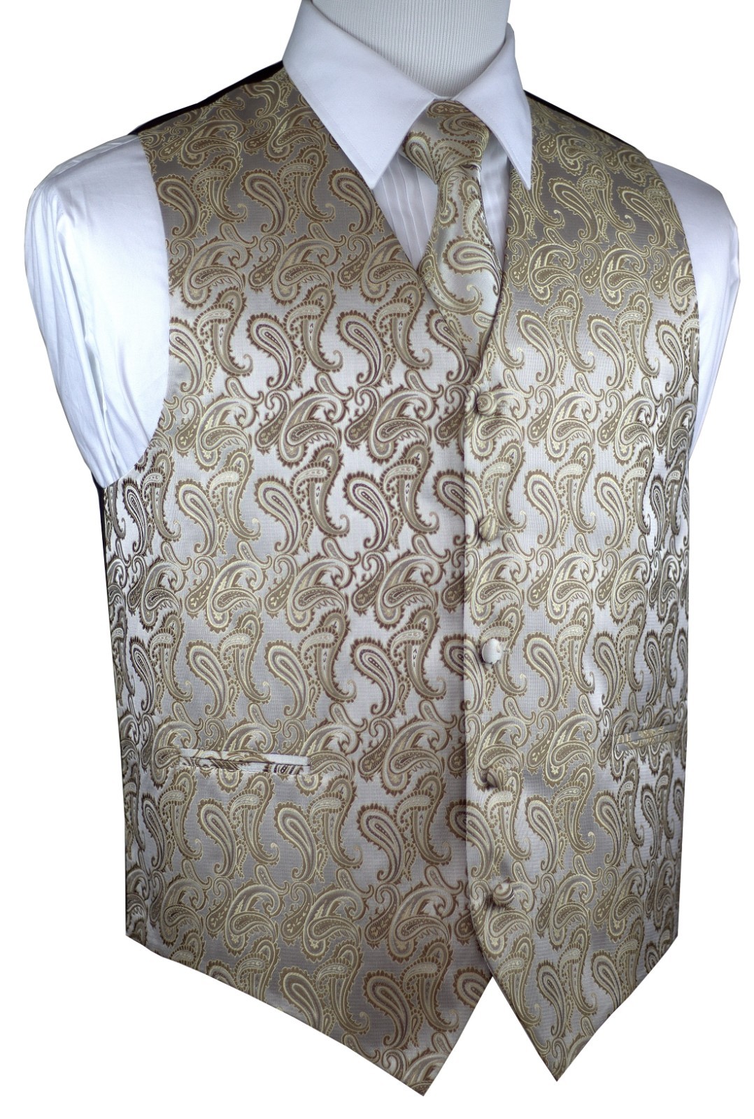MEN’S DARK CHAMPAGNE PAISLEY TUXEDO VEST TIE & HANKIE. FORMAL DRESS WEDDING PROM