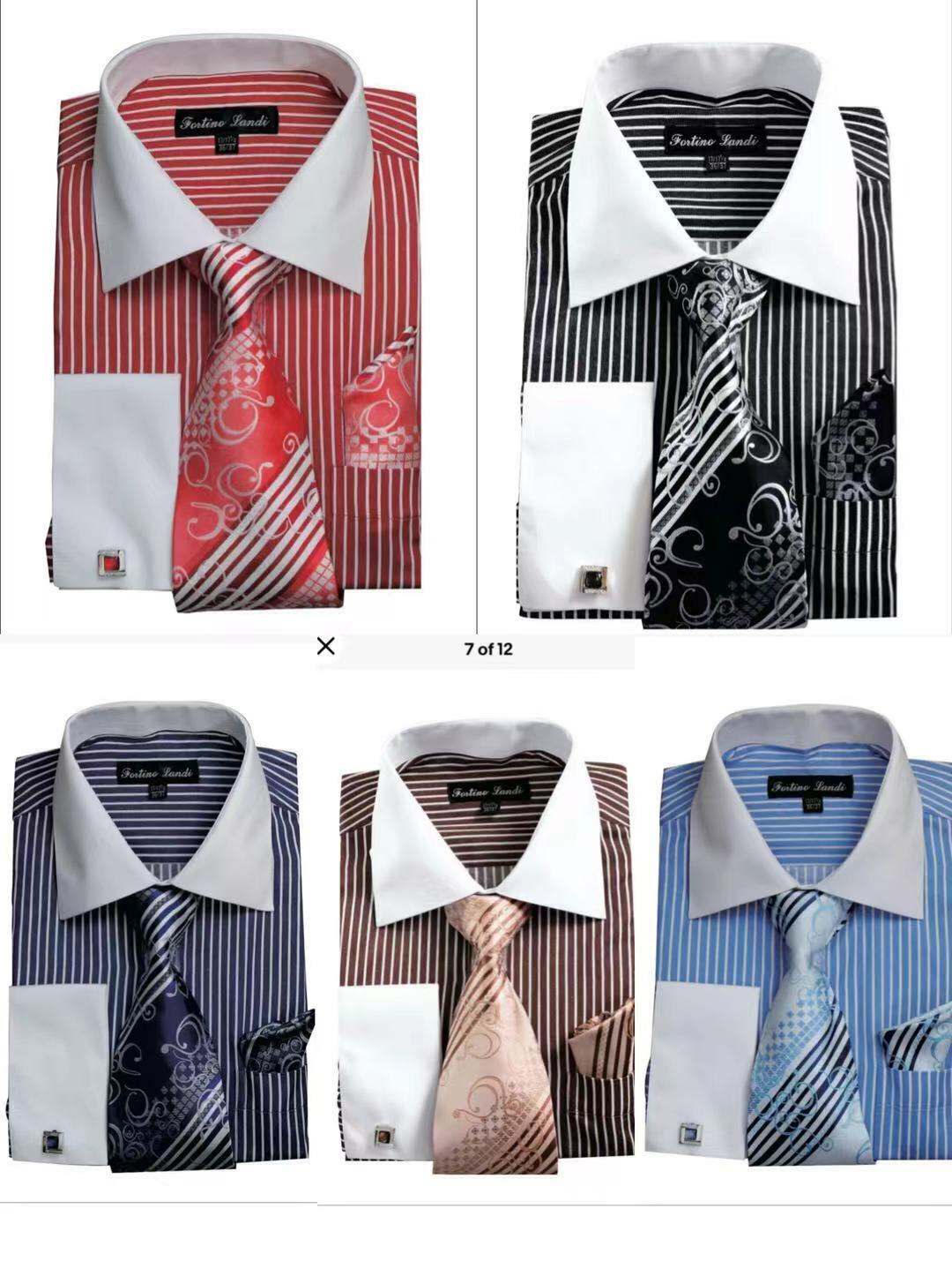 Men’s Dress Shirt with Tie + Handkerchief, French Cuff Pin Striped Design New
