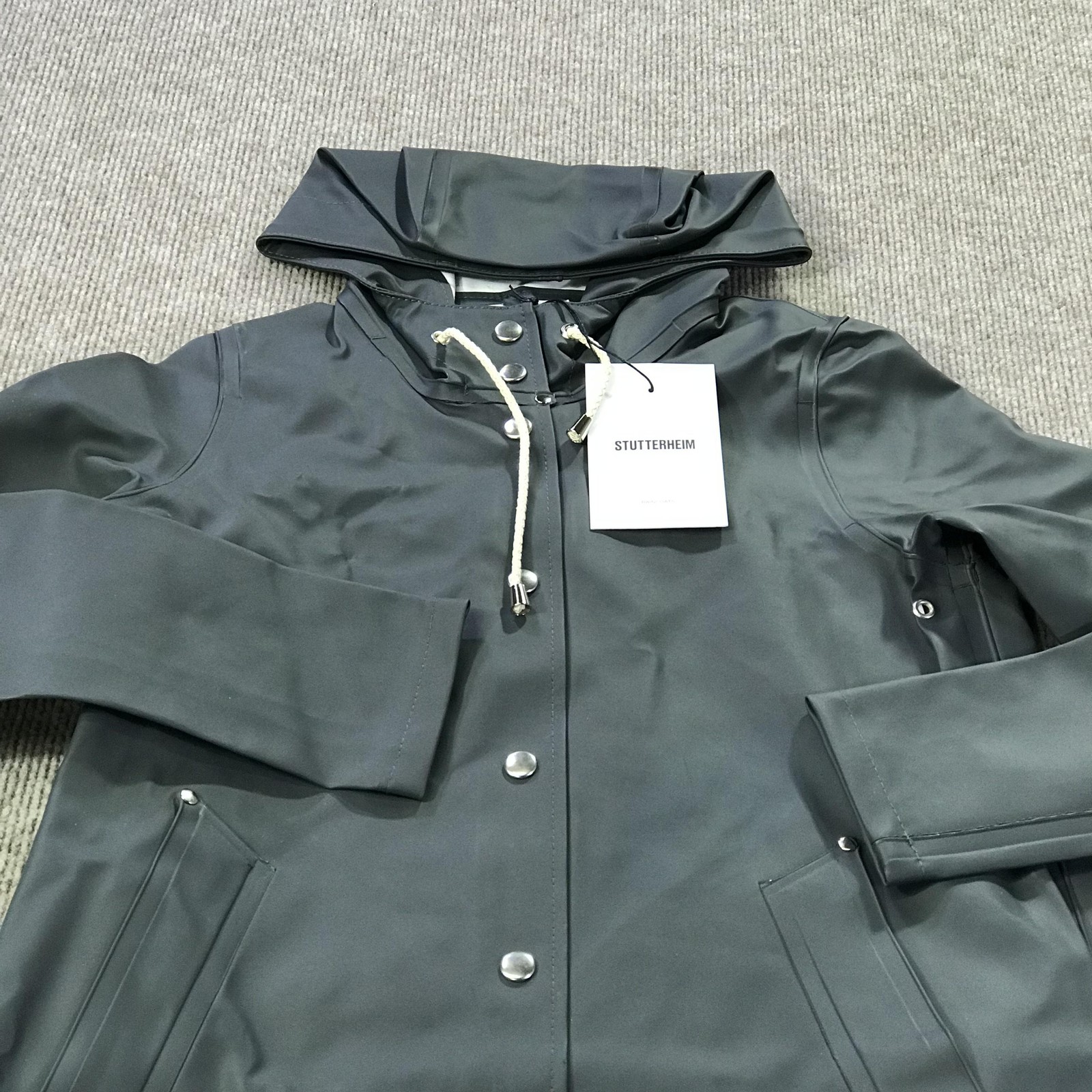 Stutterheim Mosebacke Rain Coat Womens XXXS Charcoal Gray Hooded Waterproof