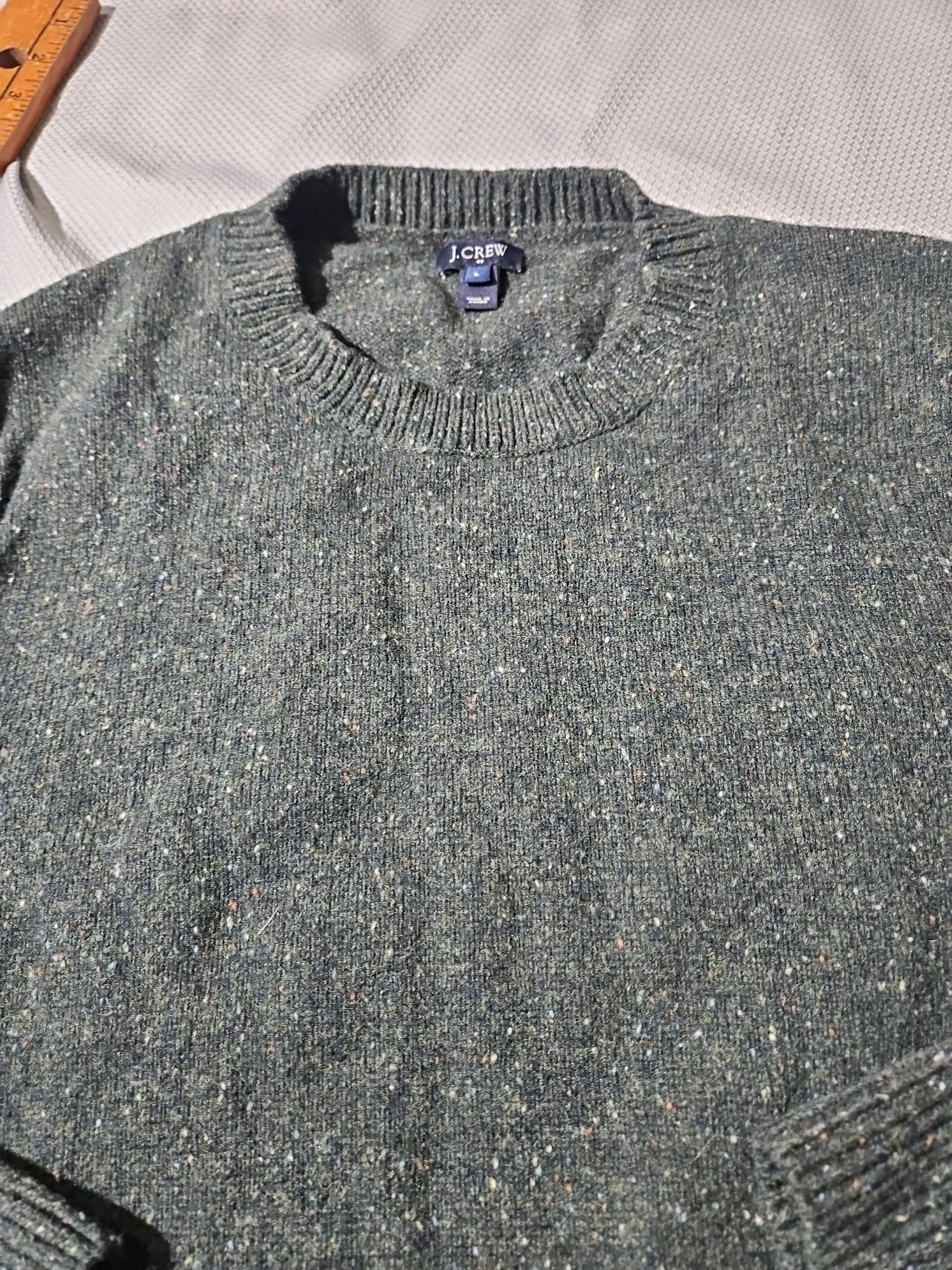 J Crew Sweater Men’s Large Green Ragg LambsWool Fleck Elbow Pad Preppy Grandpa