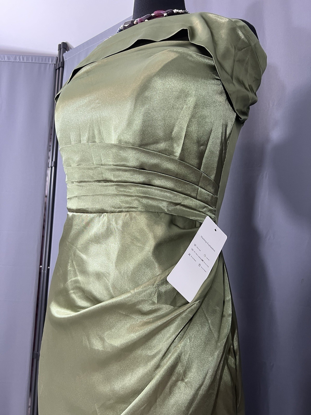 Green Satin Asymmetric Off-shoulder Prom Gown L Corset Cocktail Evening Dress #J