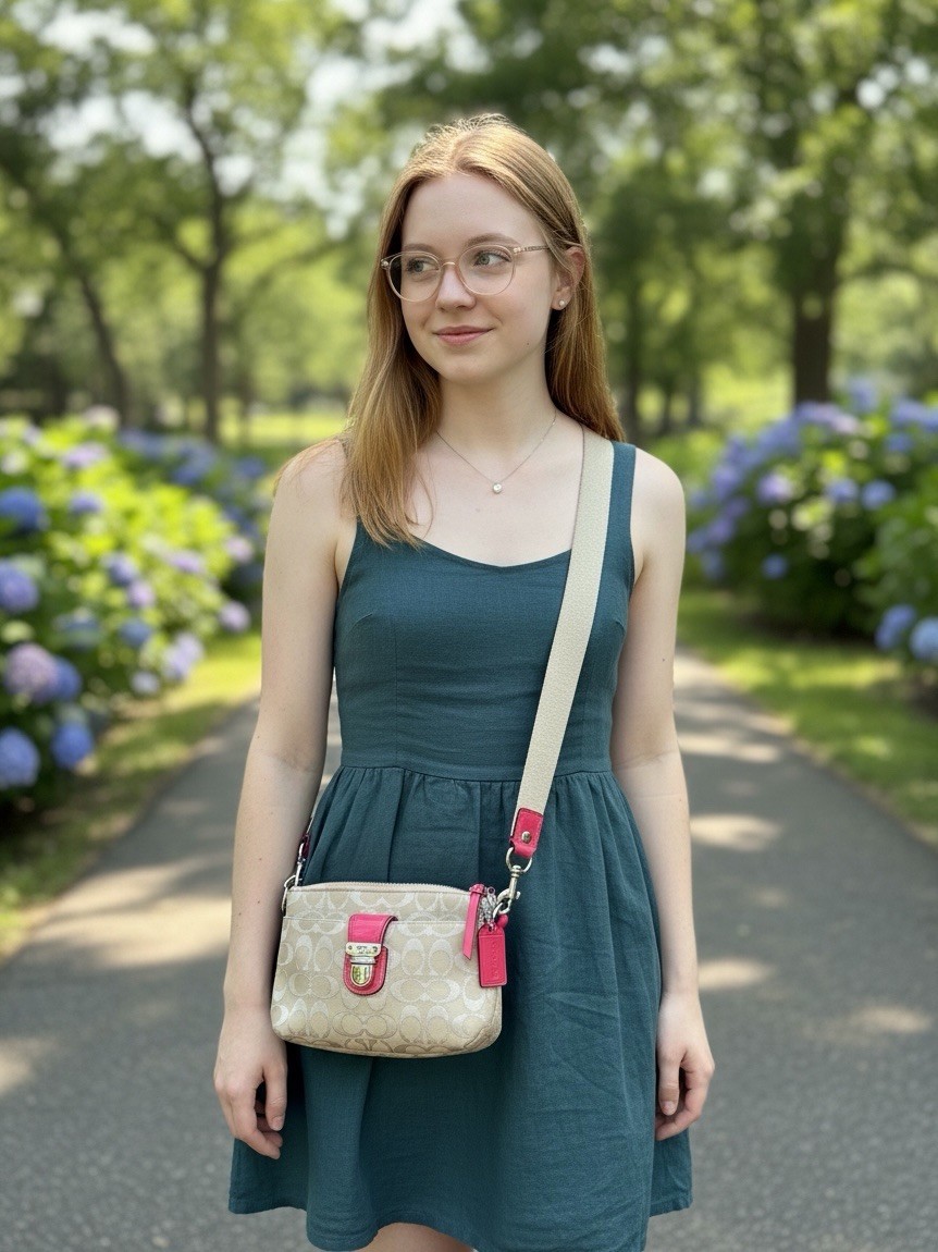 Coach Poppy Signature Jacquard Crossbody Bag Beige Pink Patent Turn Lock Excelle