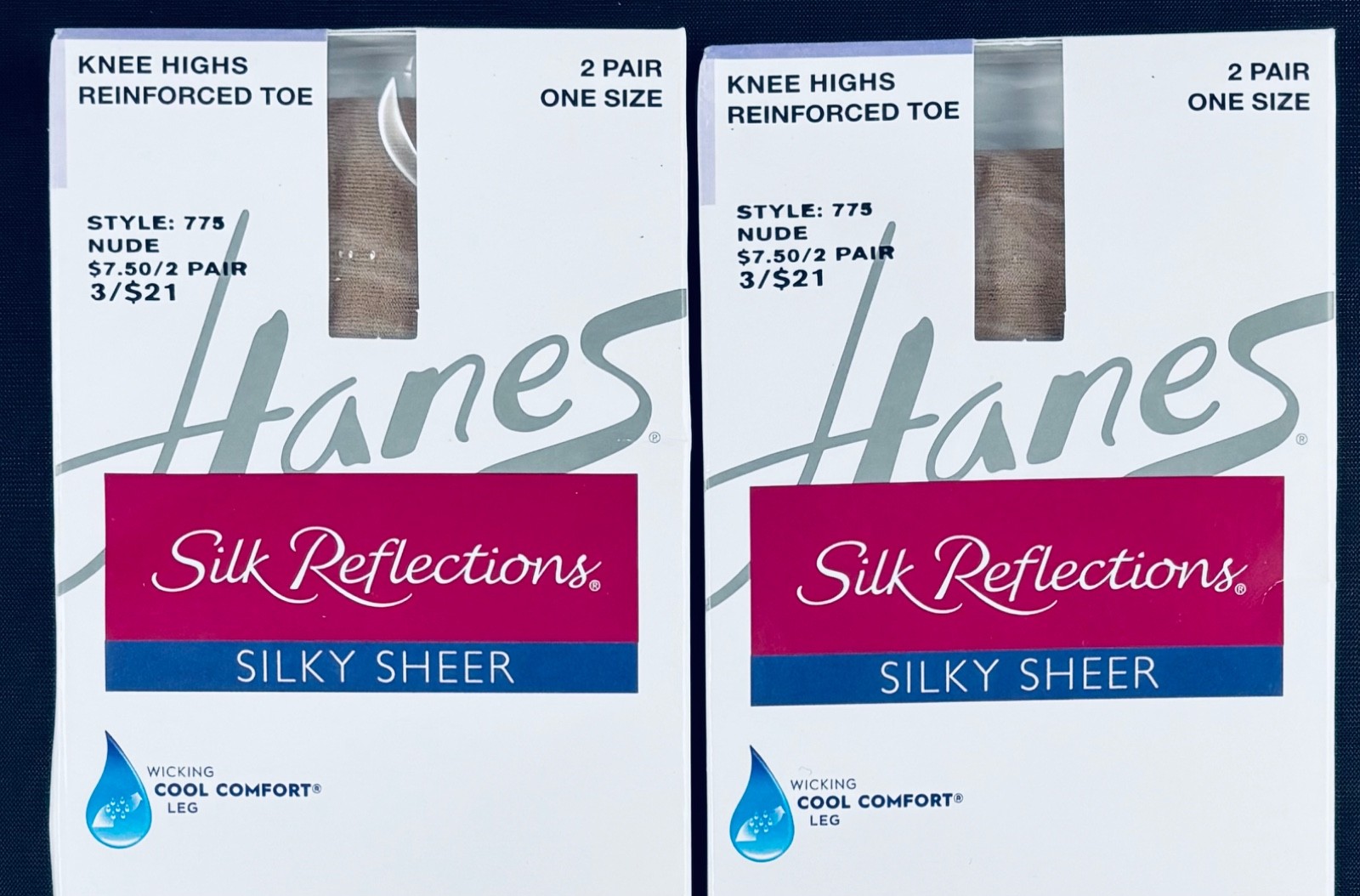 HANES SILK REFLECTIONS SILKY SHEER NUDE KNEE HIGHS 2PK =4 PAIRS REINFORCED TOE
