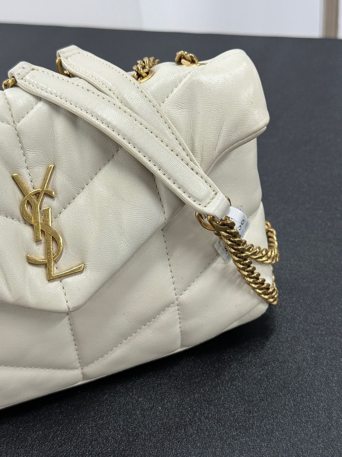 Saint Laurent Loulou Puffer Mini White Leather GHW Chain Crossbody Bag Auth