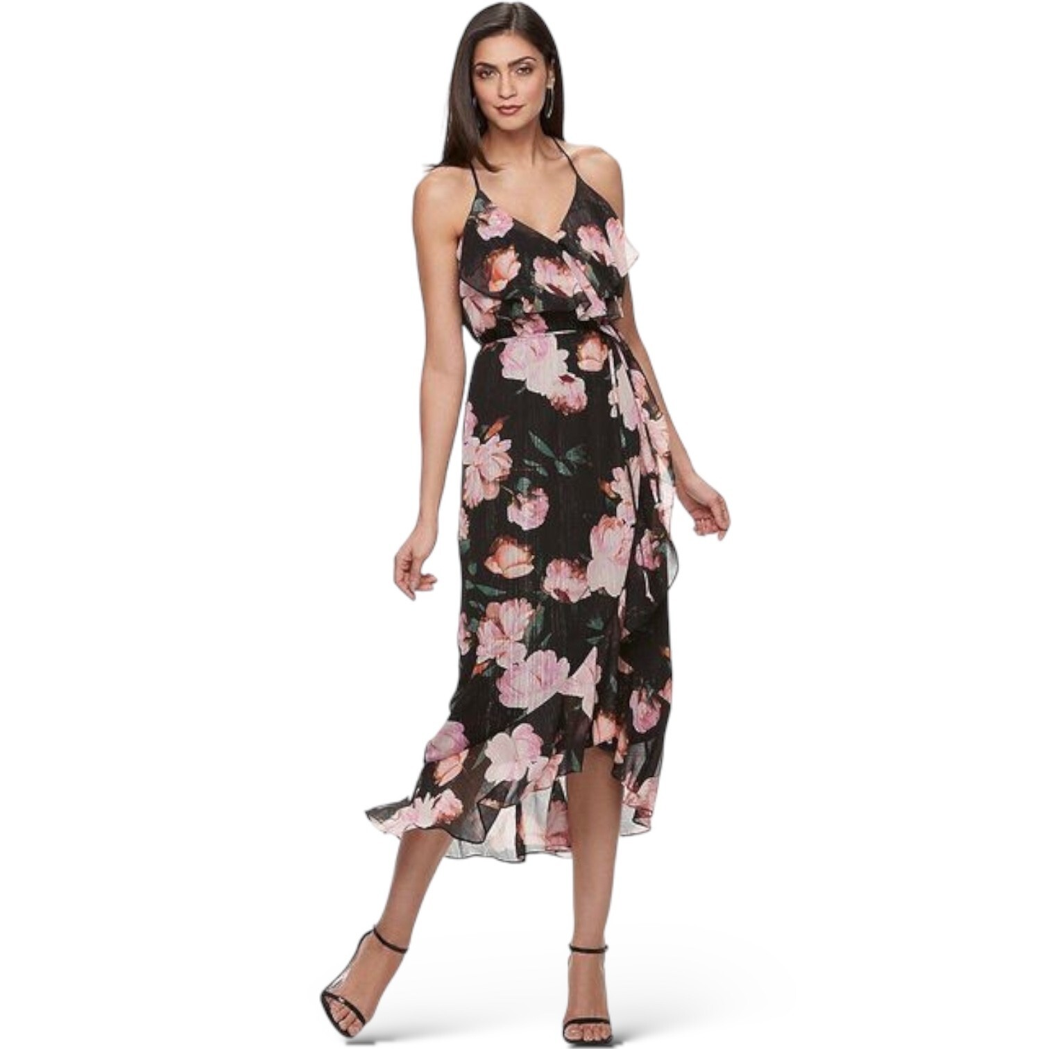JENNIFER LOPEZ Faux Wrap Shimmer Floral Midi Dress Ruffle Tier Cascade Flirty 2