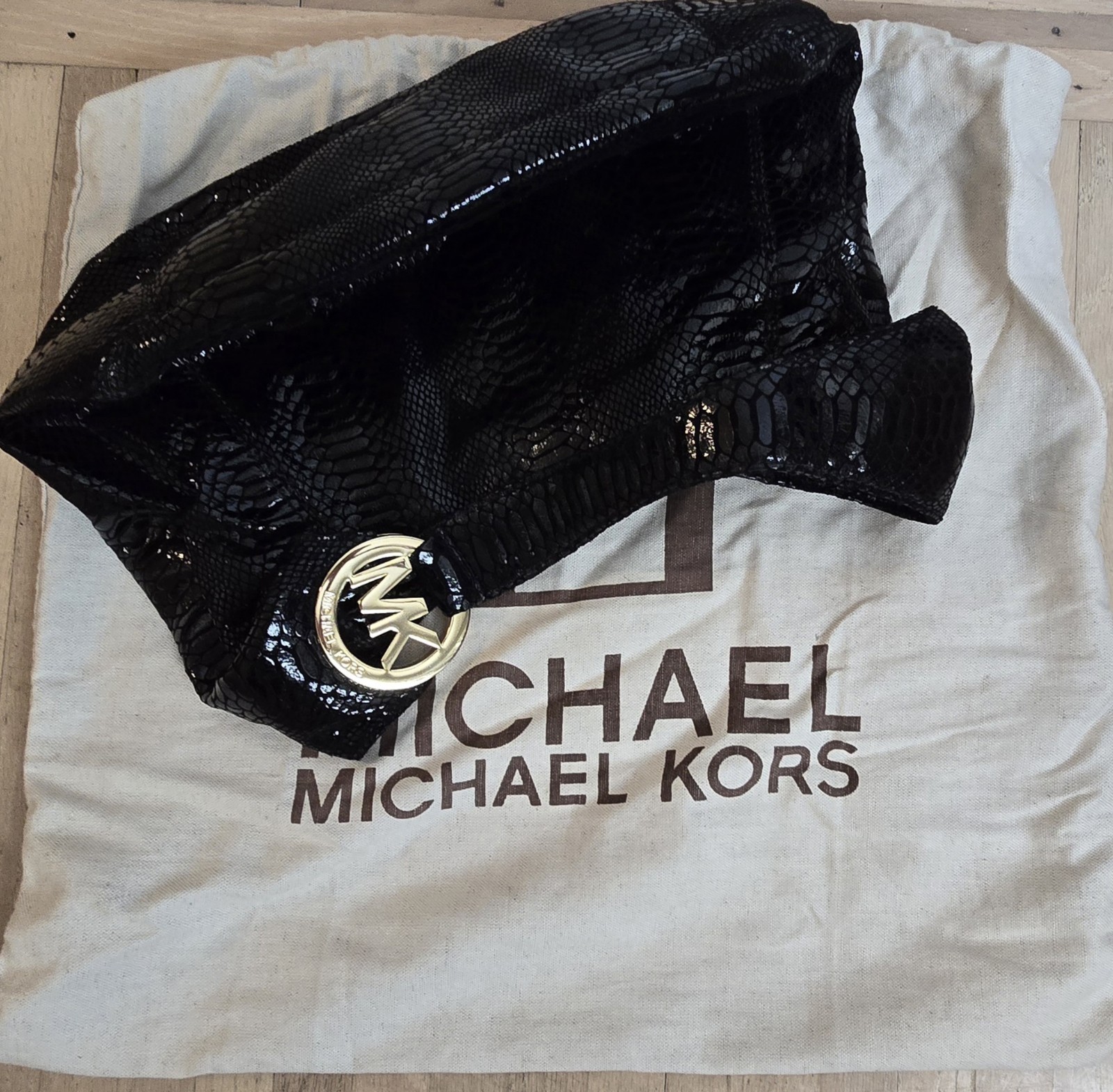 Michael Kors Black Python Snakeskin Embossed Leather Hobo Bag Gold Hardware