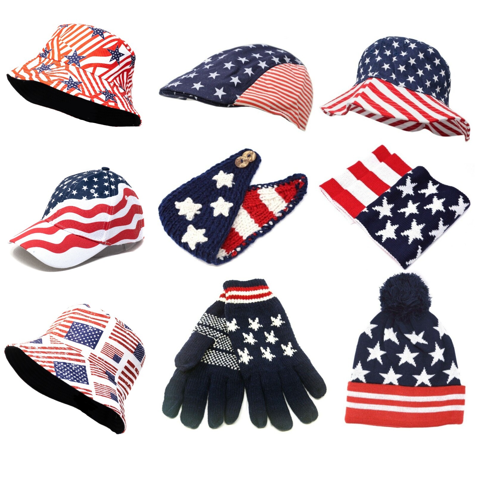 American USA Flag Patriotic Collection Baseball Cap Bucket Hat Scarf Gloves