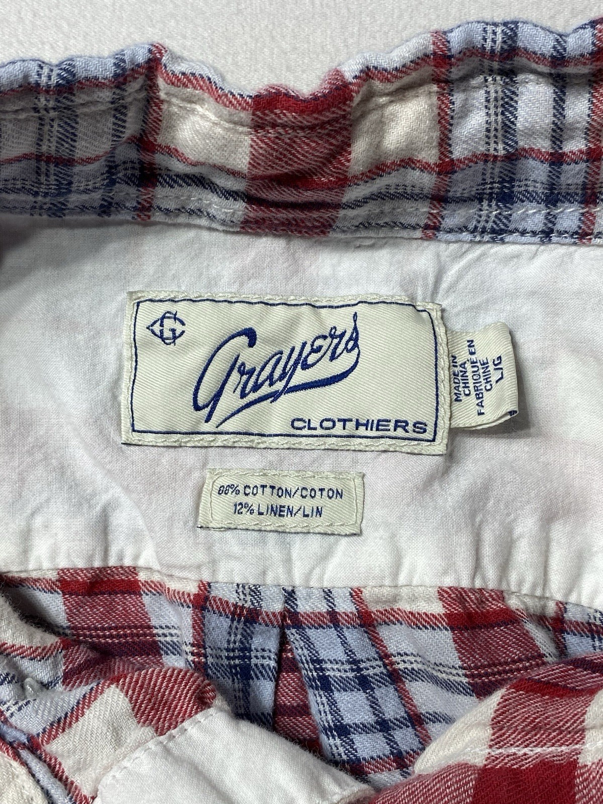 Grayers Clothiers Mens Large Plaid Button Down Shirt Cotton Linen Red Blue