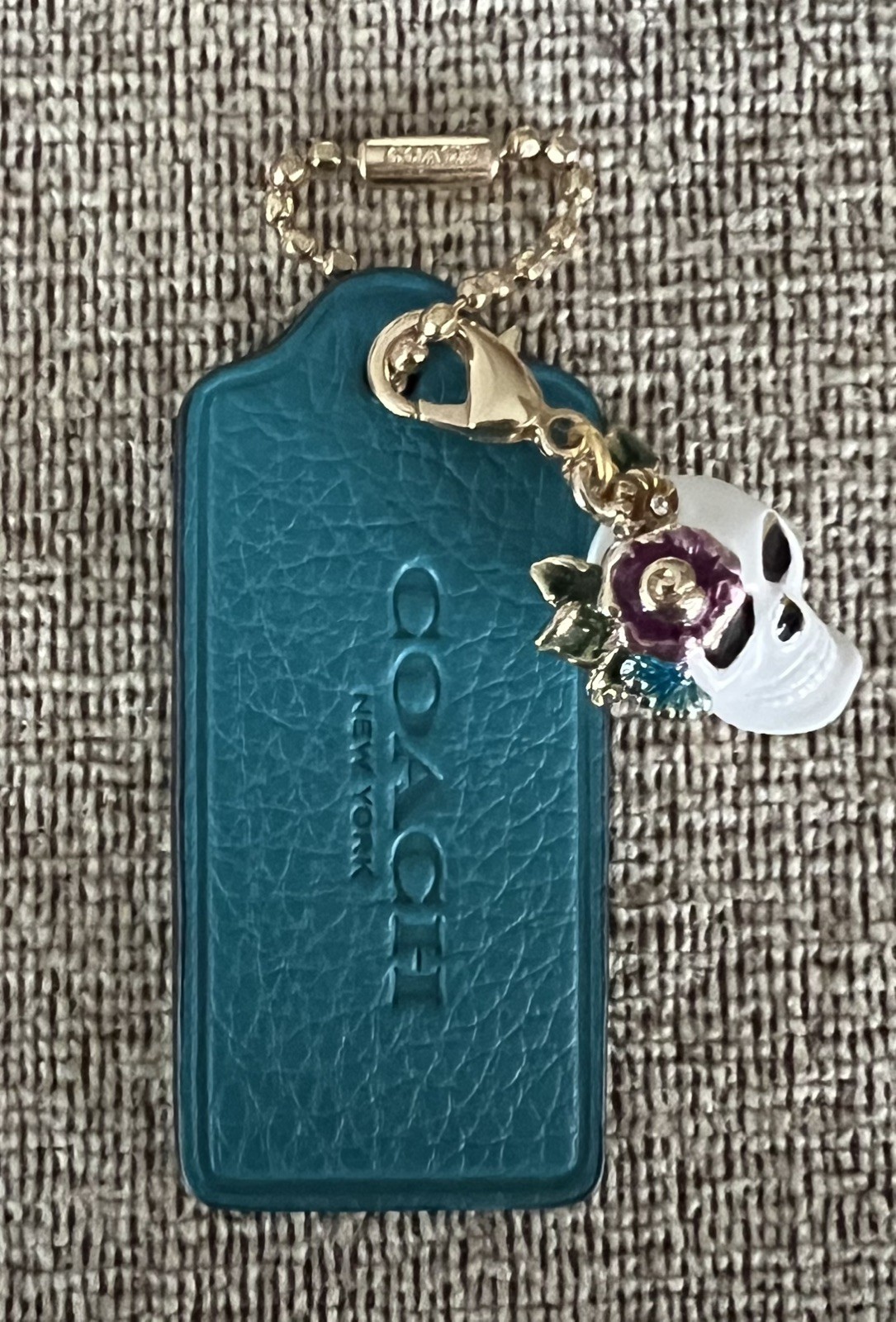 Genuine Coach 2.25” Teal Leather Bag Tote Hang Tag Fob Sugar Skull Charm New