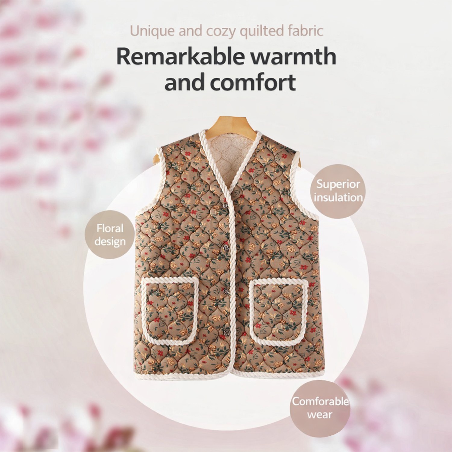 Korean Kimjang Vest, Retro Floral Quilted Design with Warm Fleece Lining