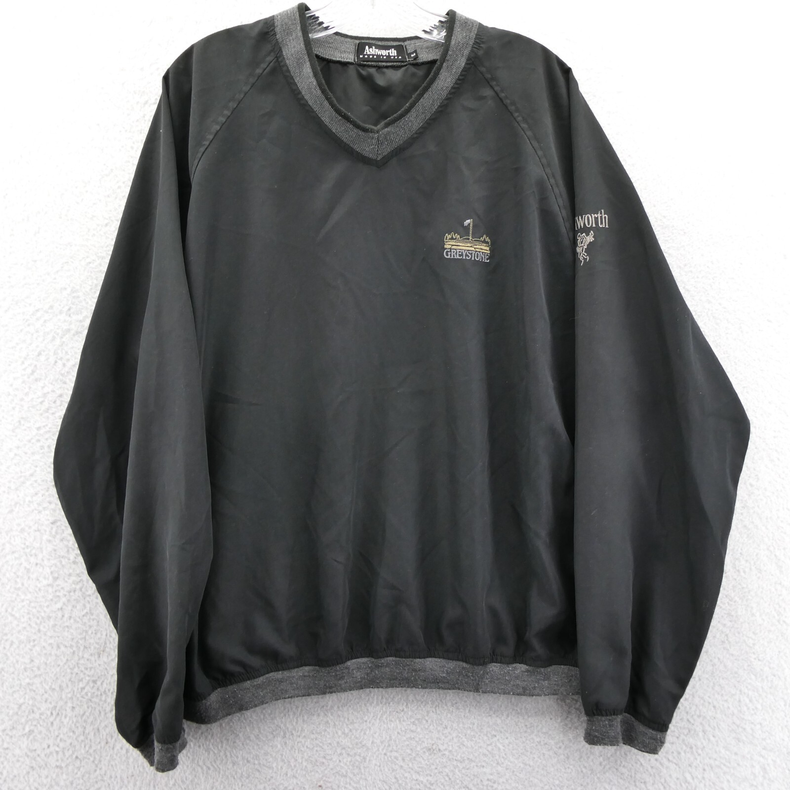 Ashworth Windbreaker Medium Mens Black V-Neck Greystone Golf Course USA Vintage