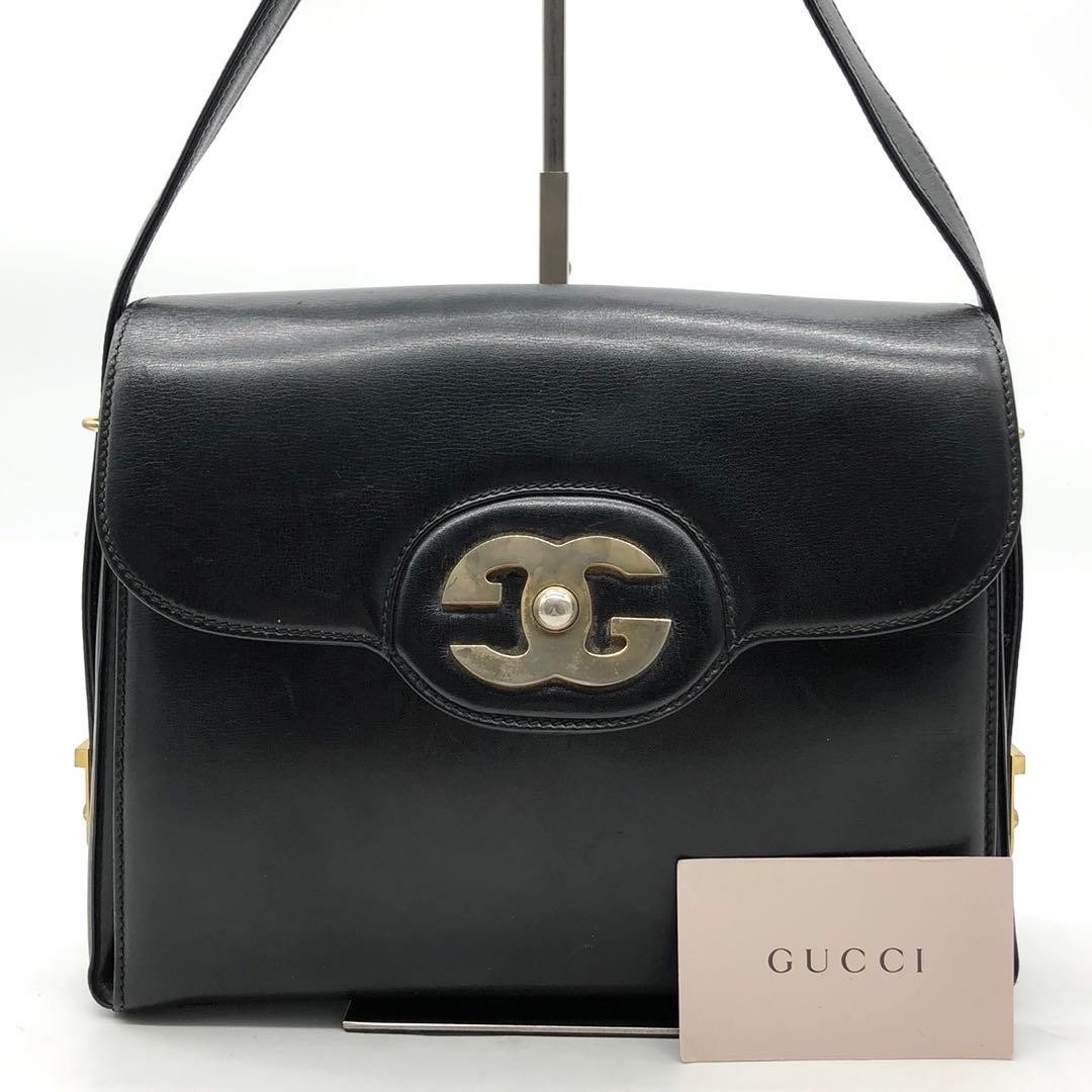 GUCCI Black Leather One-Shoulder Bag Interlocking Logo Gold Hardware Authentic
