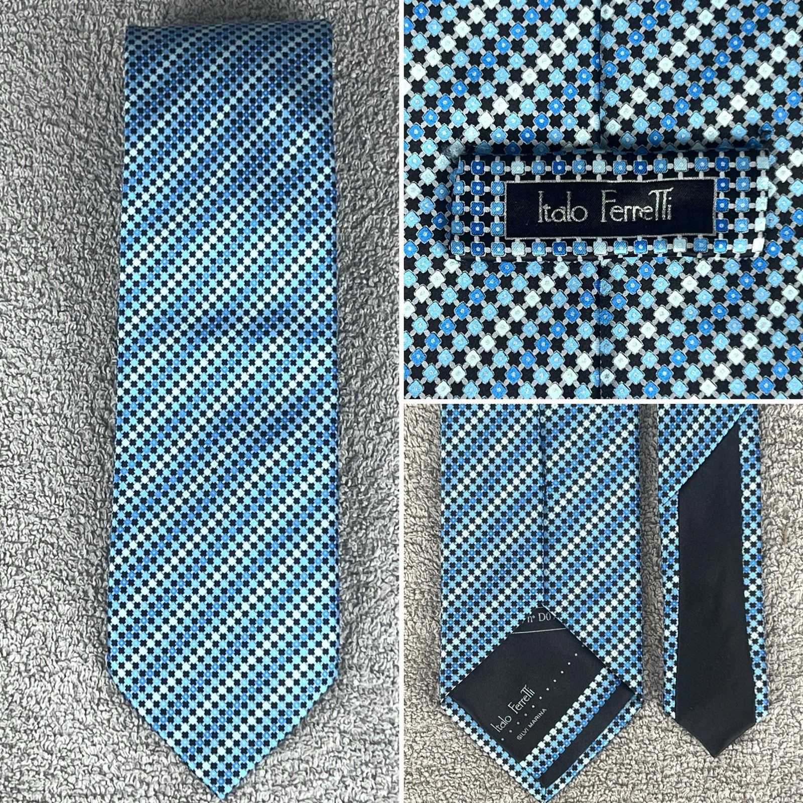 Italo Ferretti Silvi Marina Italy Royal Blue, Sky & Black Silk Tie 64” Long