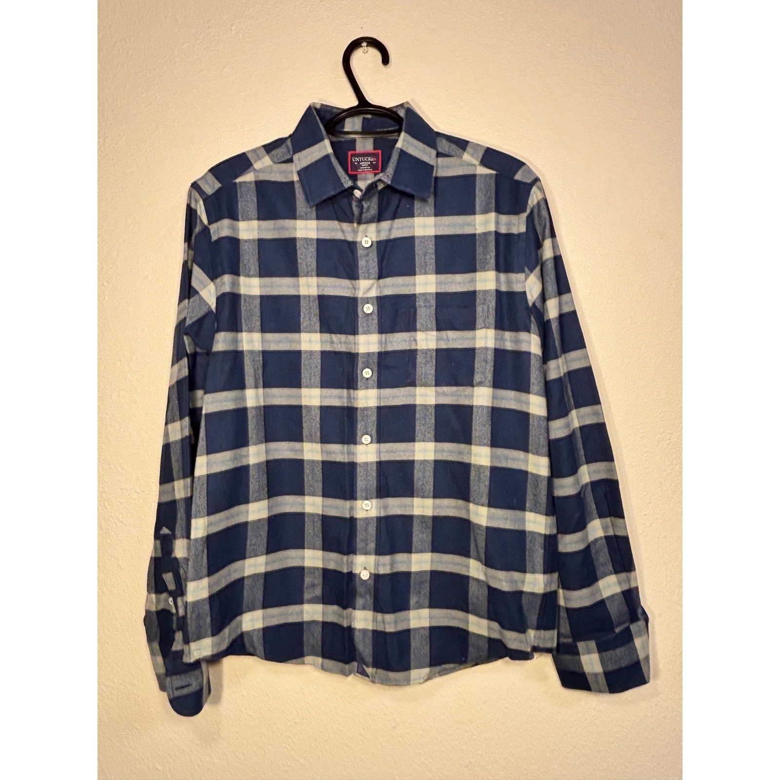 UNTUCKit Mens Slim Fit Plaid Button Down Shirt Blue White Cotton Medium 0211