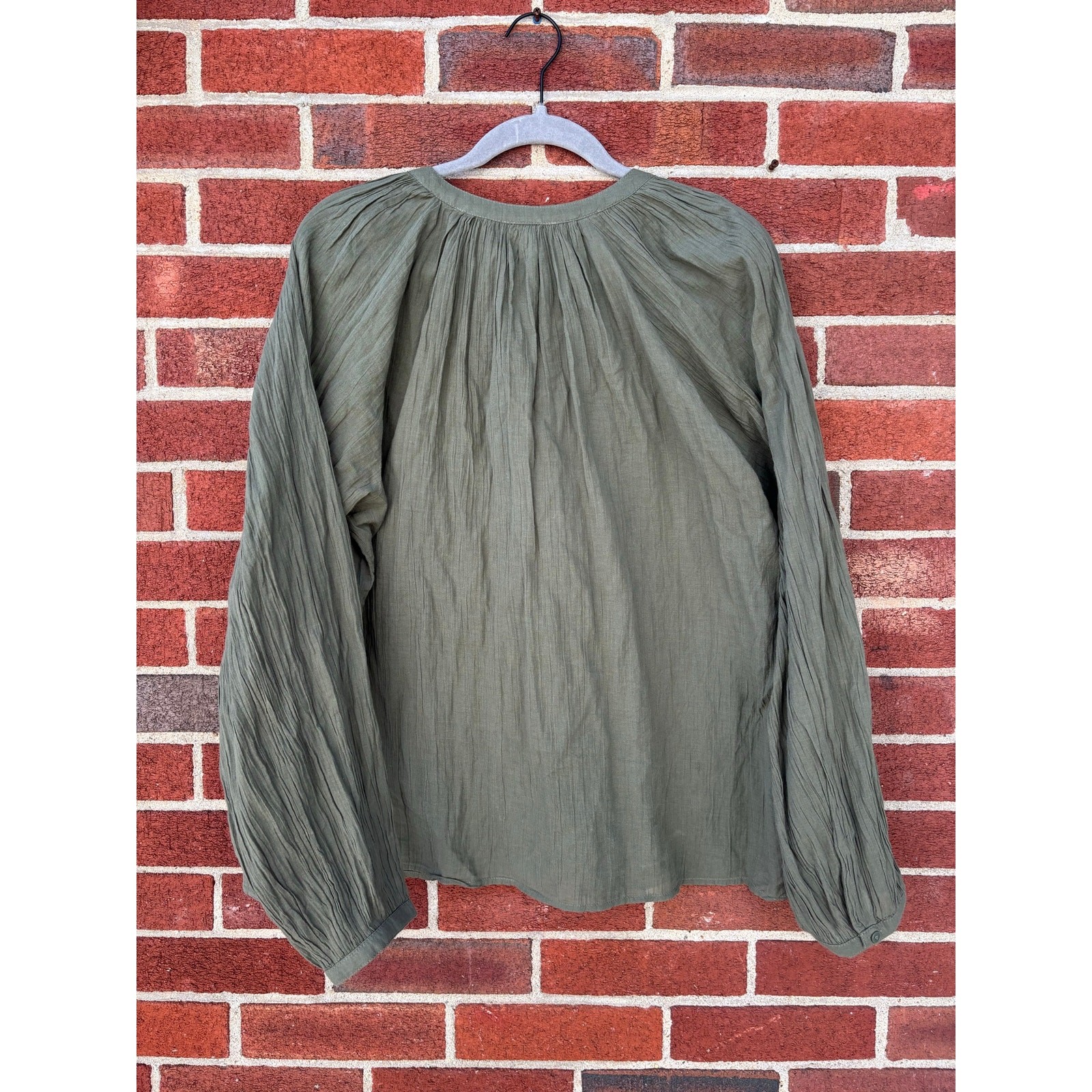 Old Navy Olive Green Peasant Blouse Medium Tall Boho Long Sleeve Cotton Top