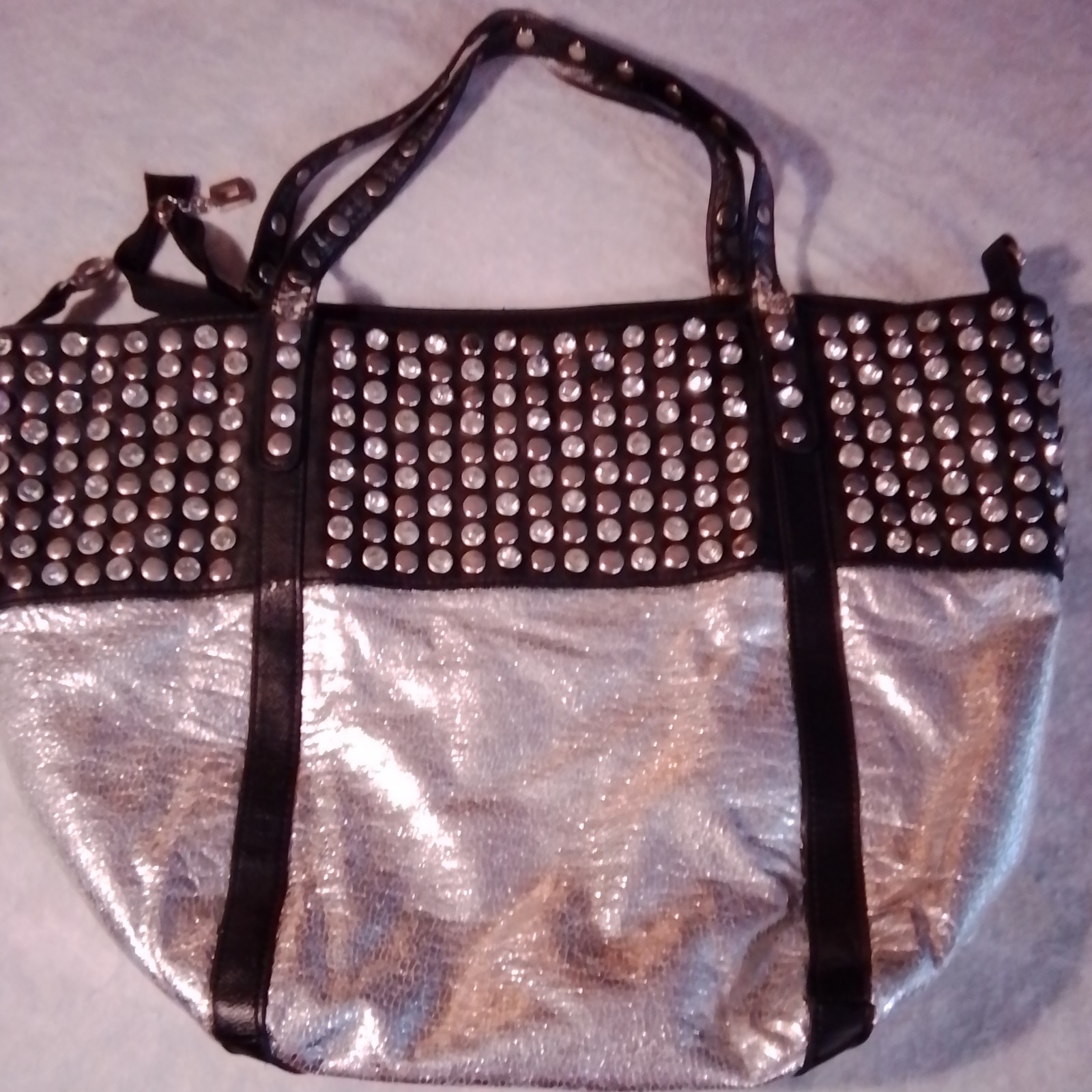 Womens Black Silver Large Shoulder Bag Zip Studded Metallic Floral Lined Pockets