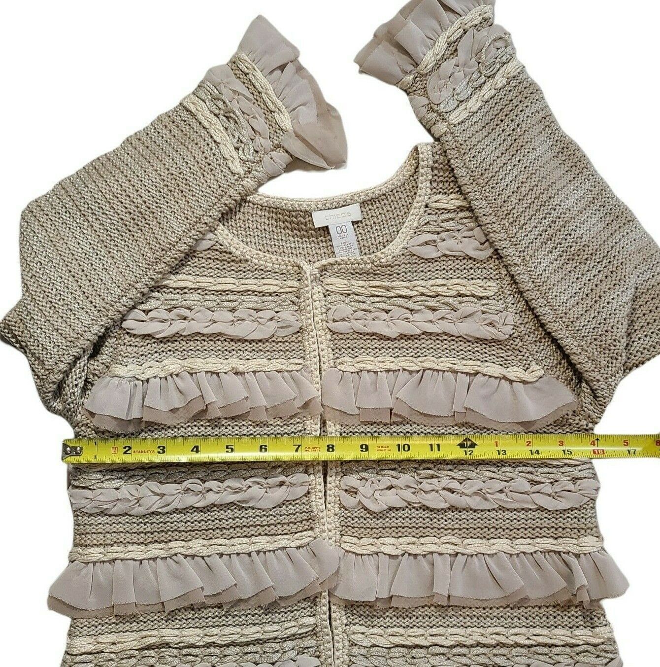 Chicos Womens Loose Weave Sweater Cardigan Crochet Ruffle Braid Size XS 00