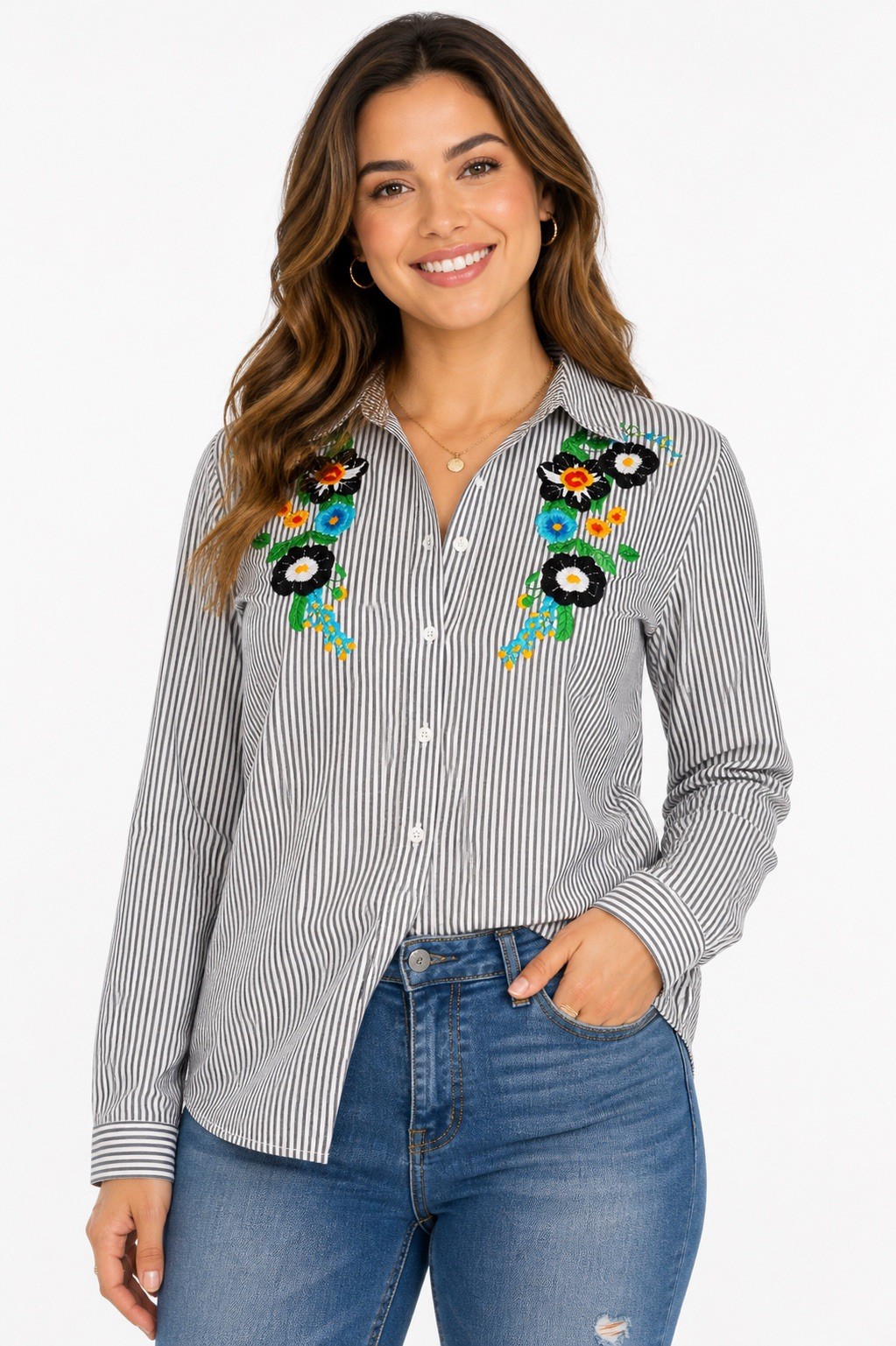 YAN Women’s S Black White Striped Floral Embroidered Button Shirt Long Sleeve