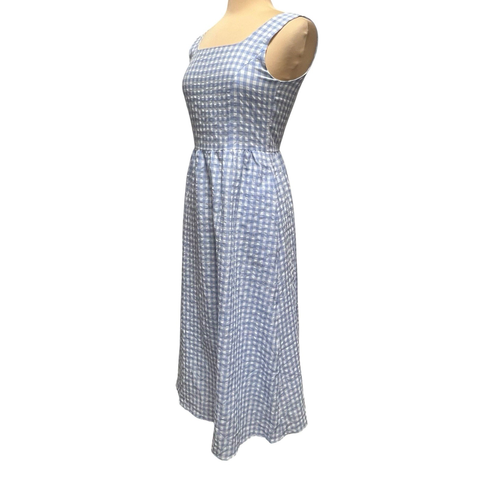 PrettyGarden Blue White Gingham Maxi Dress Smocked Back Sleeveless Size S NWT