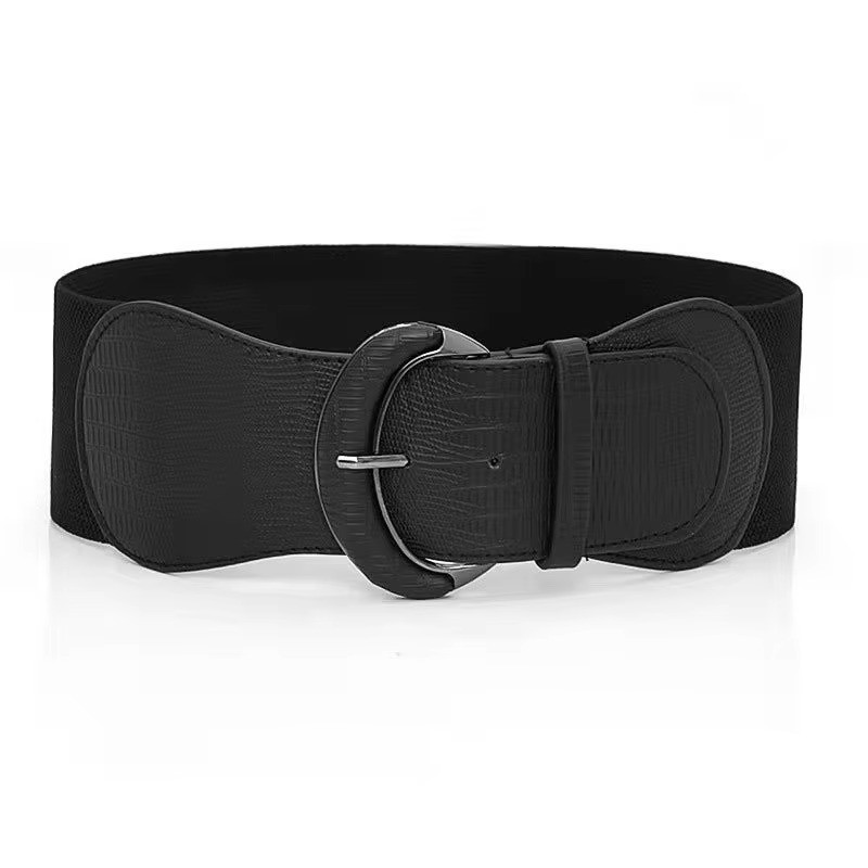 Black Stretch Elastic Wide Waist Belt Metal Buckle Corset Dress Accessory Women