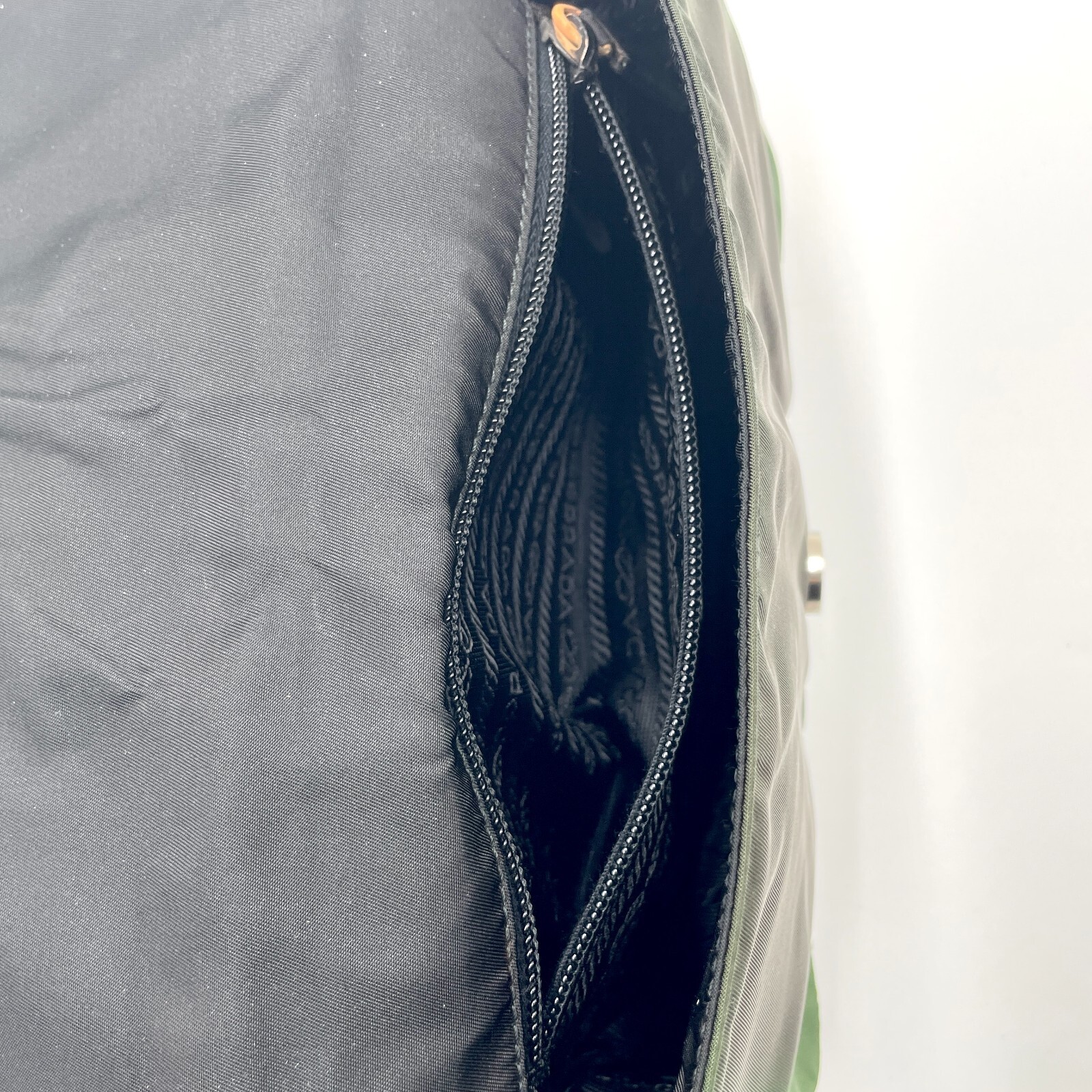 PRADA Chain Shoulder Bag Nylon Plastic Leather Khaki Black 612
