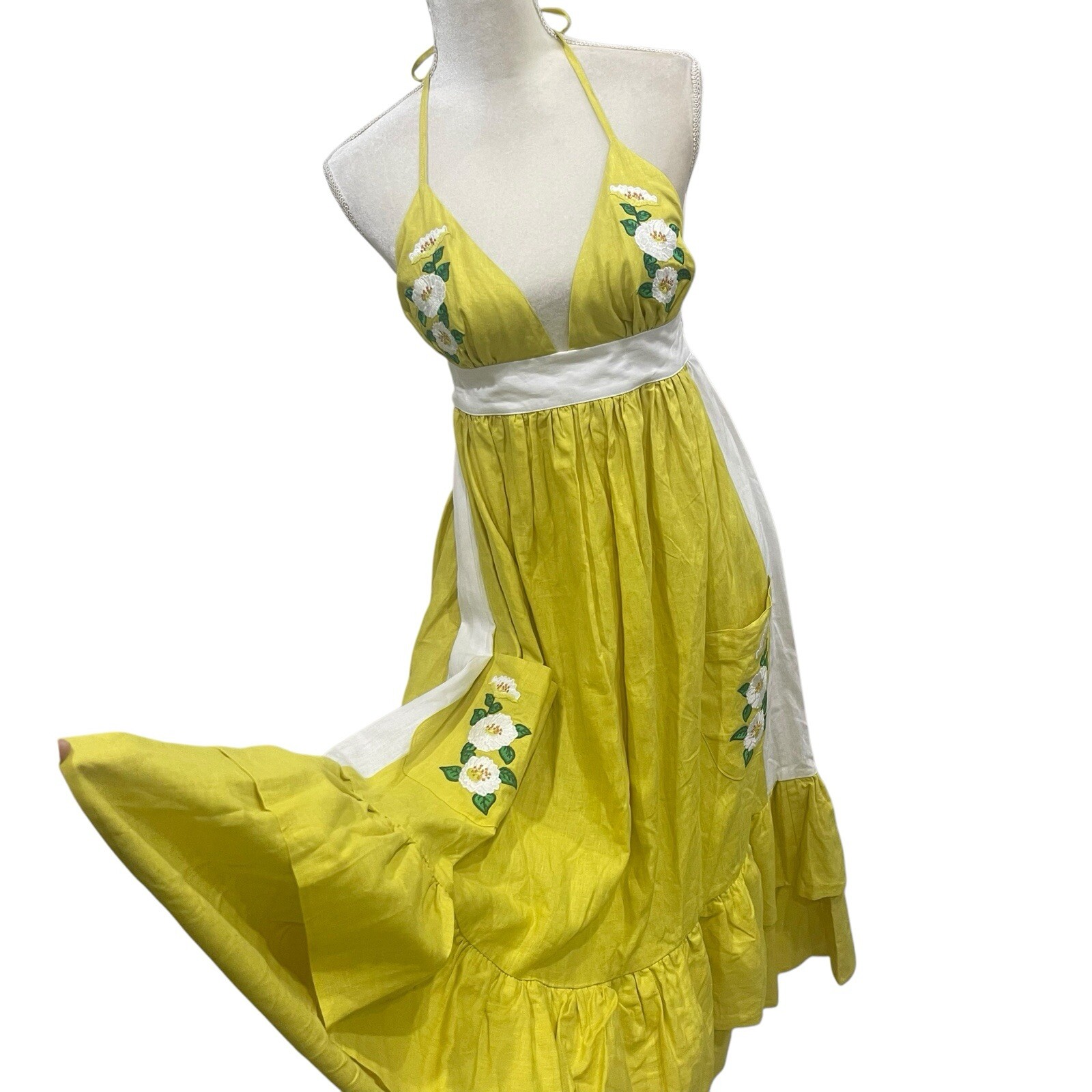 Fanm Mon Large Linen Yamile Floral Embroidered Halter Midi Dress Mustard Lime
