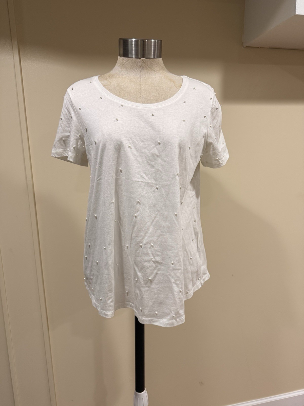 ZARA White Pearl Accent Solid Short Sleeve Round Neck T-Shirt Women’s M