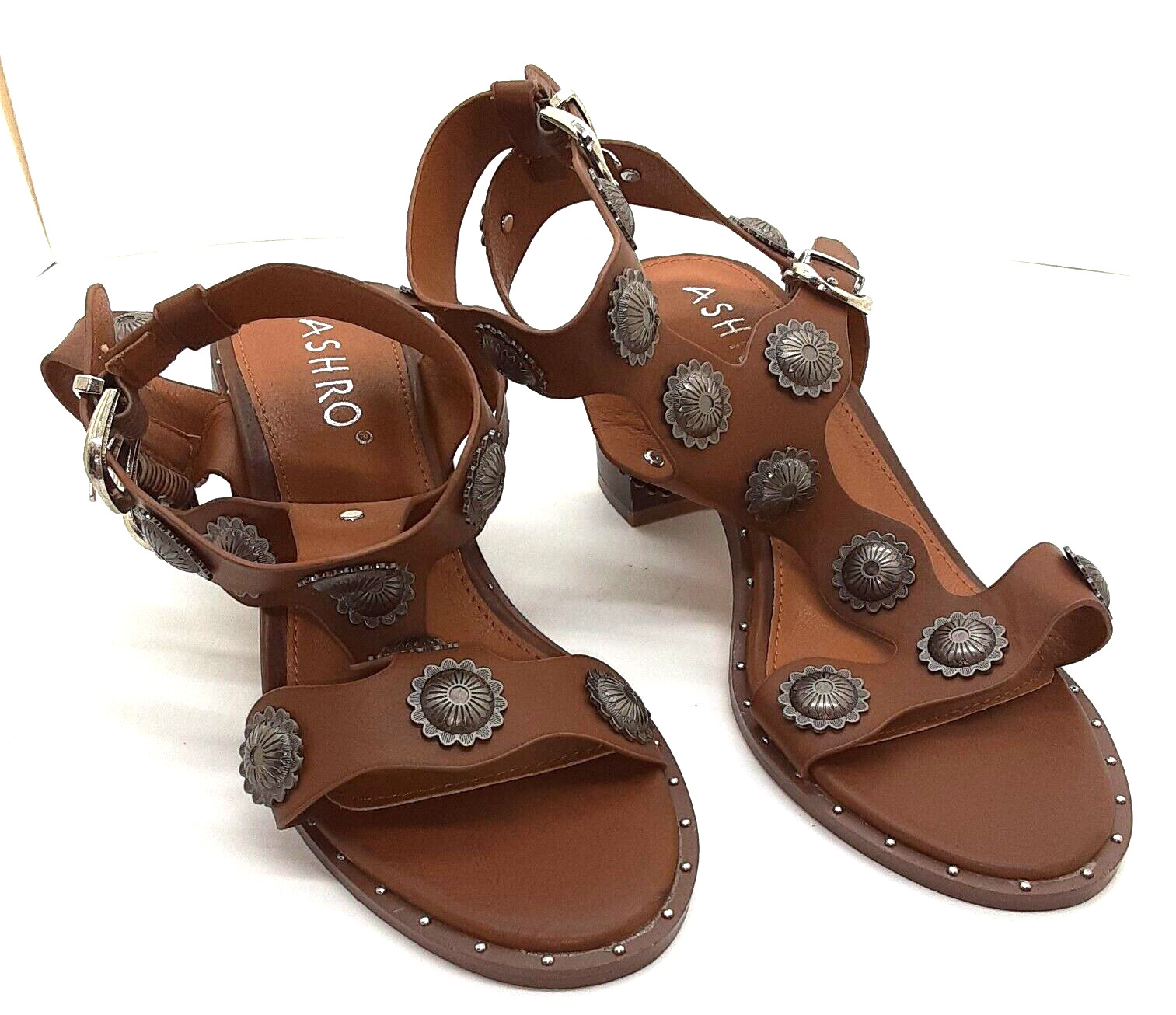 ASHRO Sandal Caged Brown Leather Gladiator Strappy 7M Embellished Buckle Strap