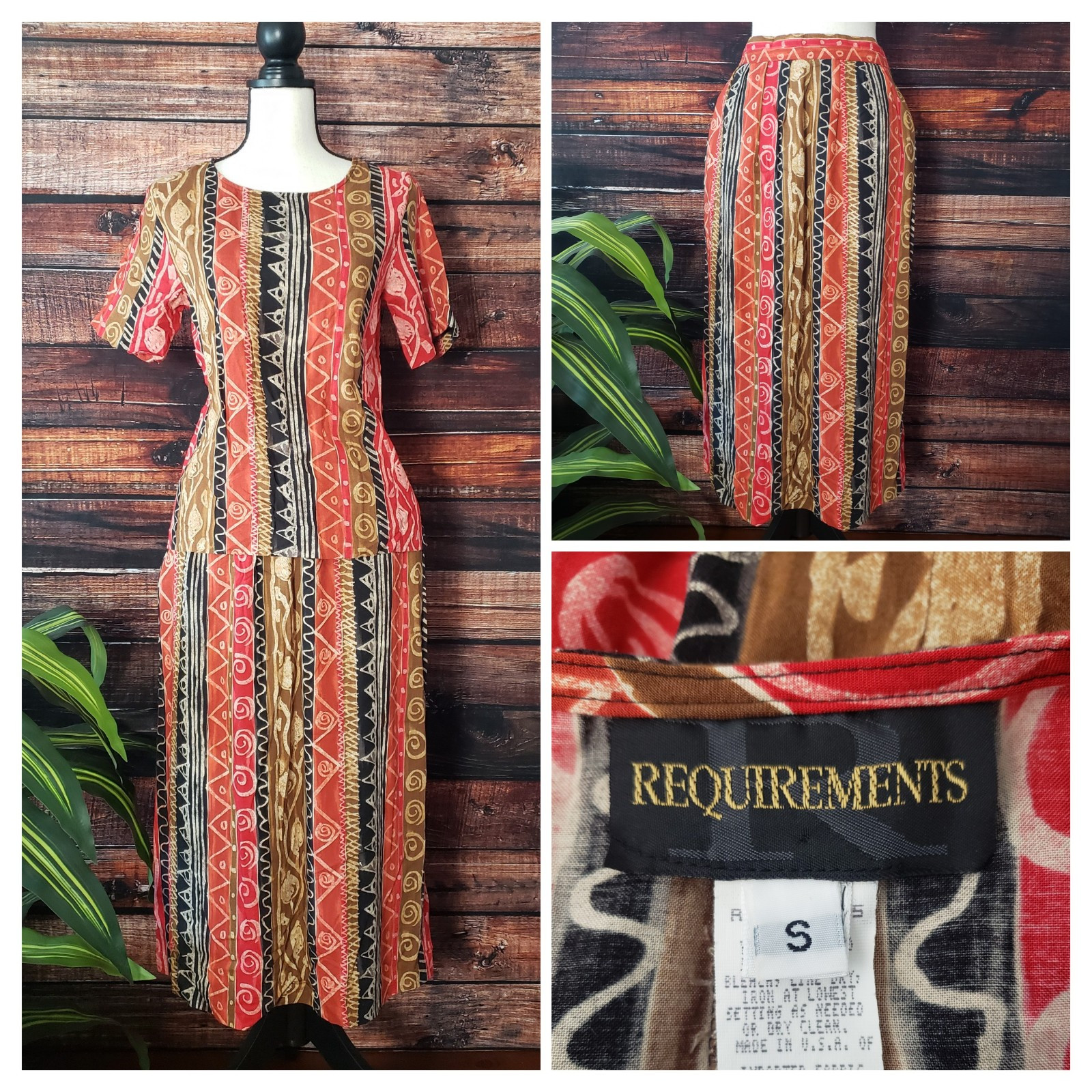 Requirements Two Piece Set Small Skirt Top Ethnic Print Rayon USA Made Vintage