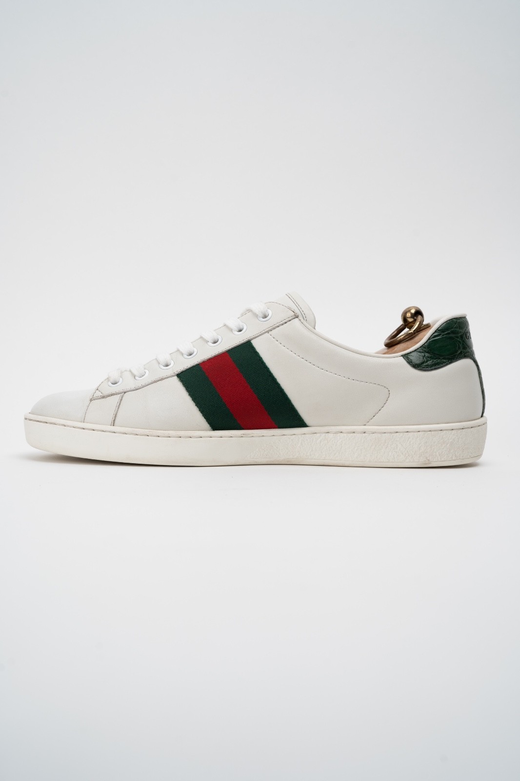 Gucci Ace Men’s White Leather Sneakers Green Red Web Stripe 386750 Size 8