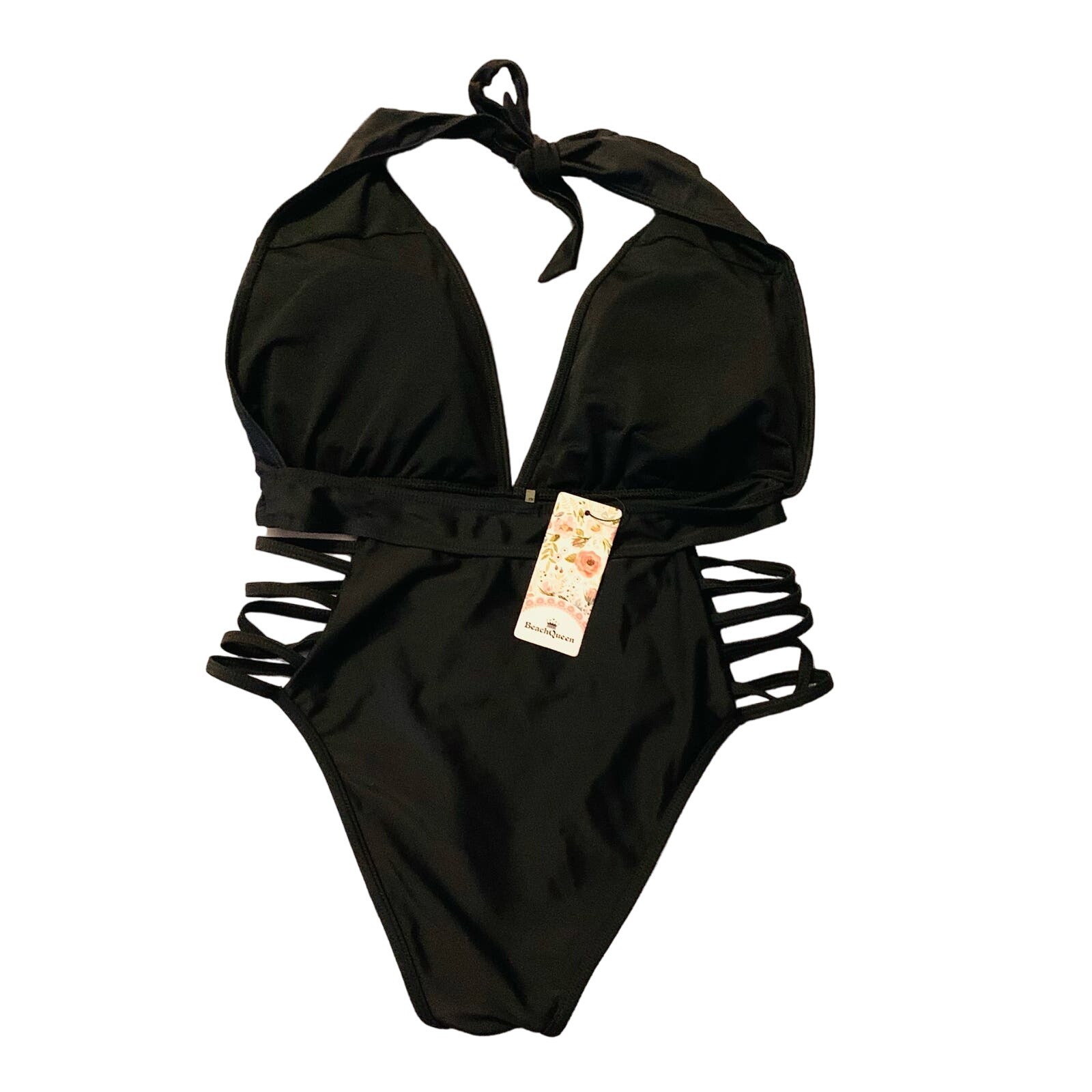 NEW BeachQueen Swimsuit Large Black Tie Halter Deep Plunge V-Neck Cutout Hips