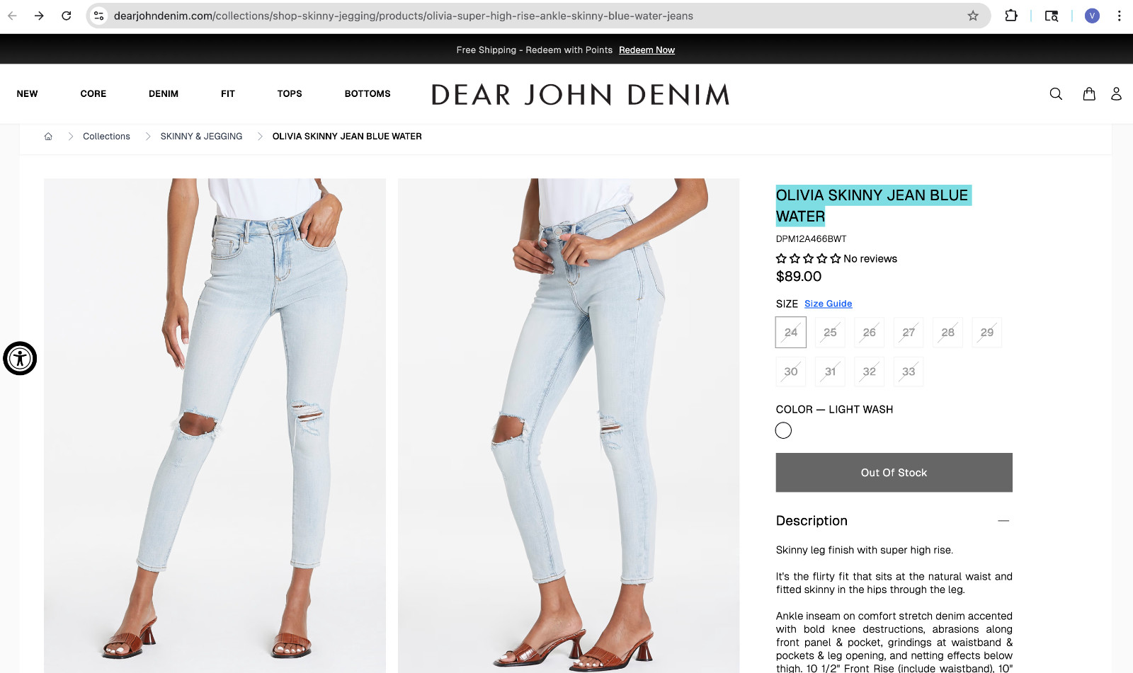 Dear John Olivia High Rise Jeans Size 30 Light Wash Distressed Stretch Grunge